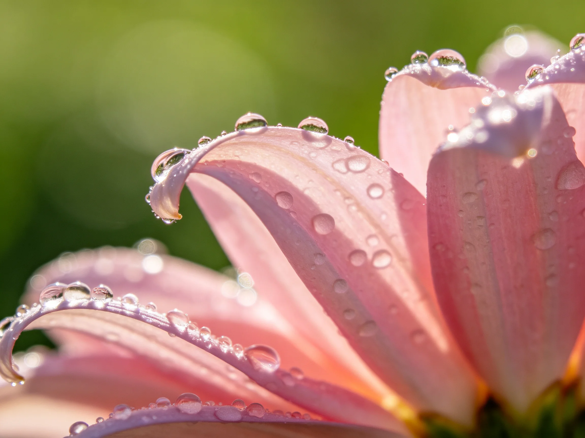 Delicate pink flower petals with glistening dewdrops