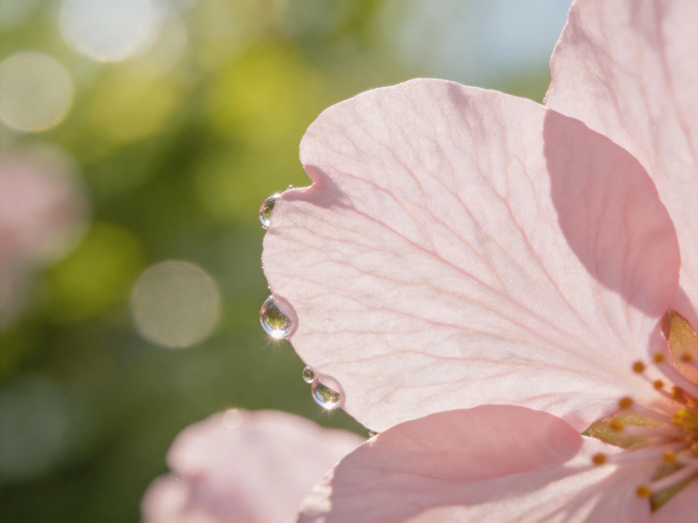 Delicate pink flower petals with water droplets, surrounded by soft green bokeh