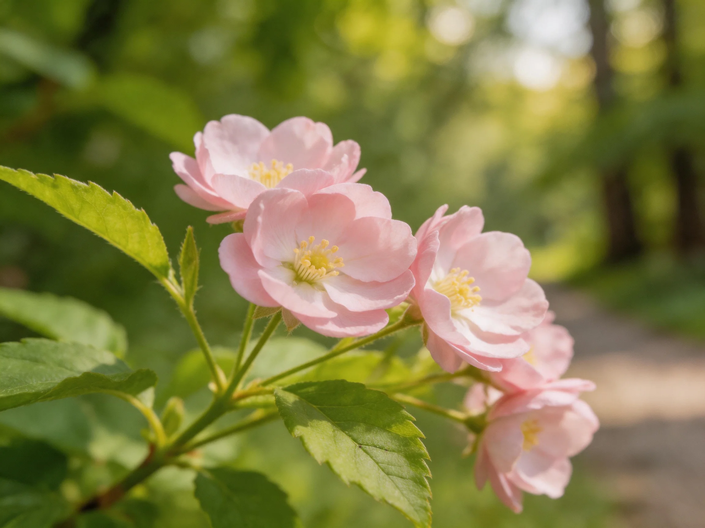Delicate pink flowers bloom amid vibrant green foliage under soft natural light
