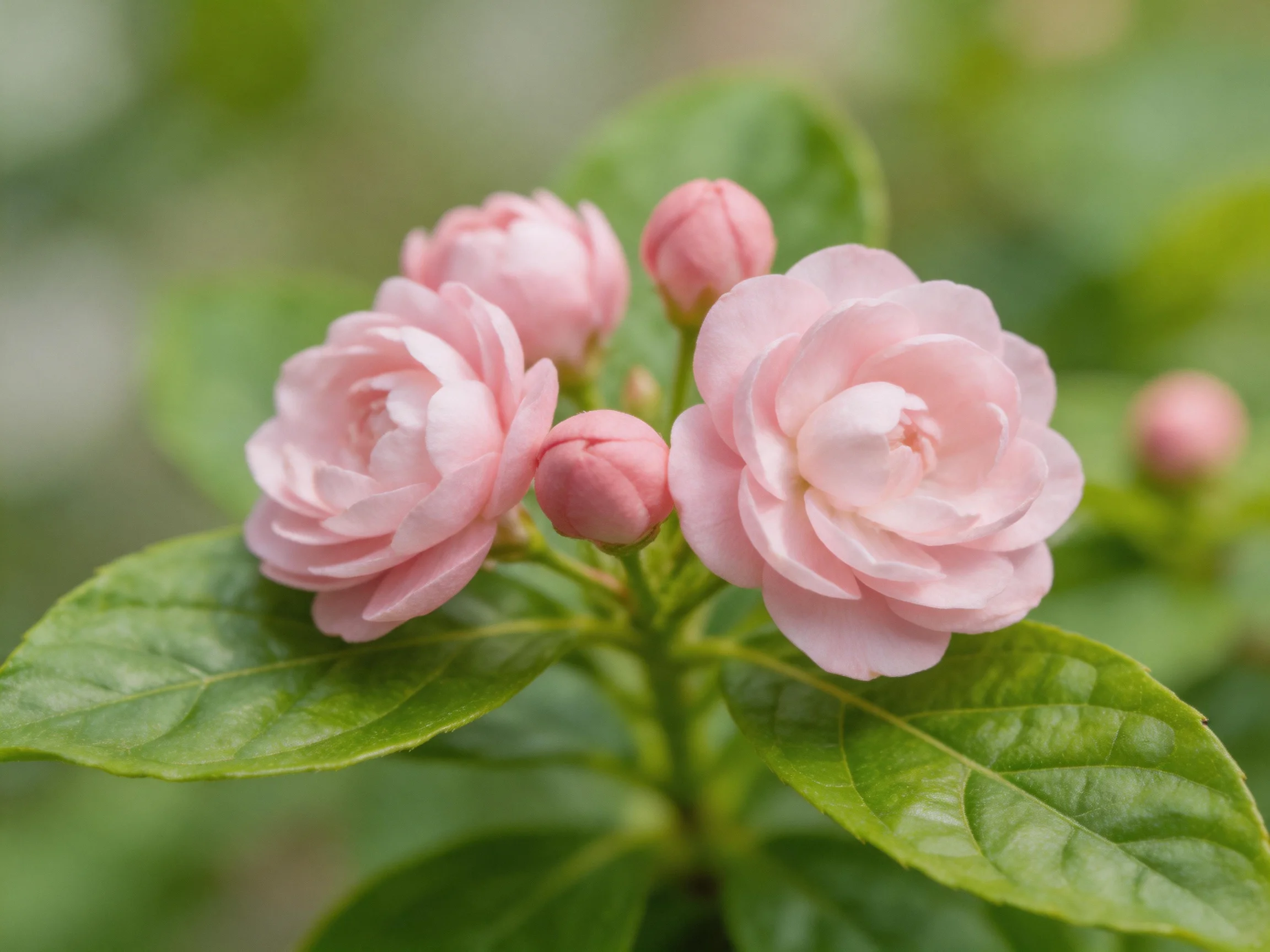 Delicate pink jasmine blossoms with lush green foliage