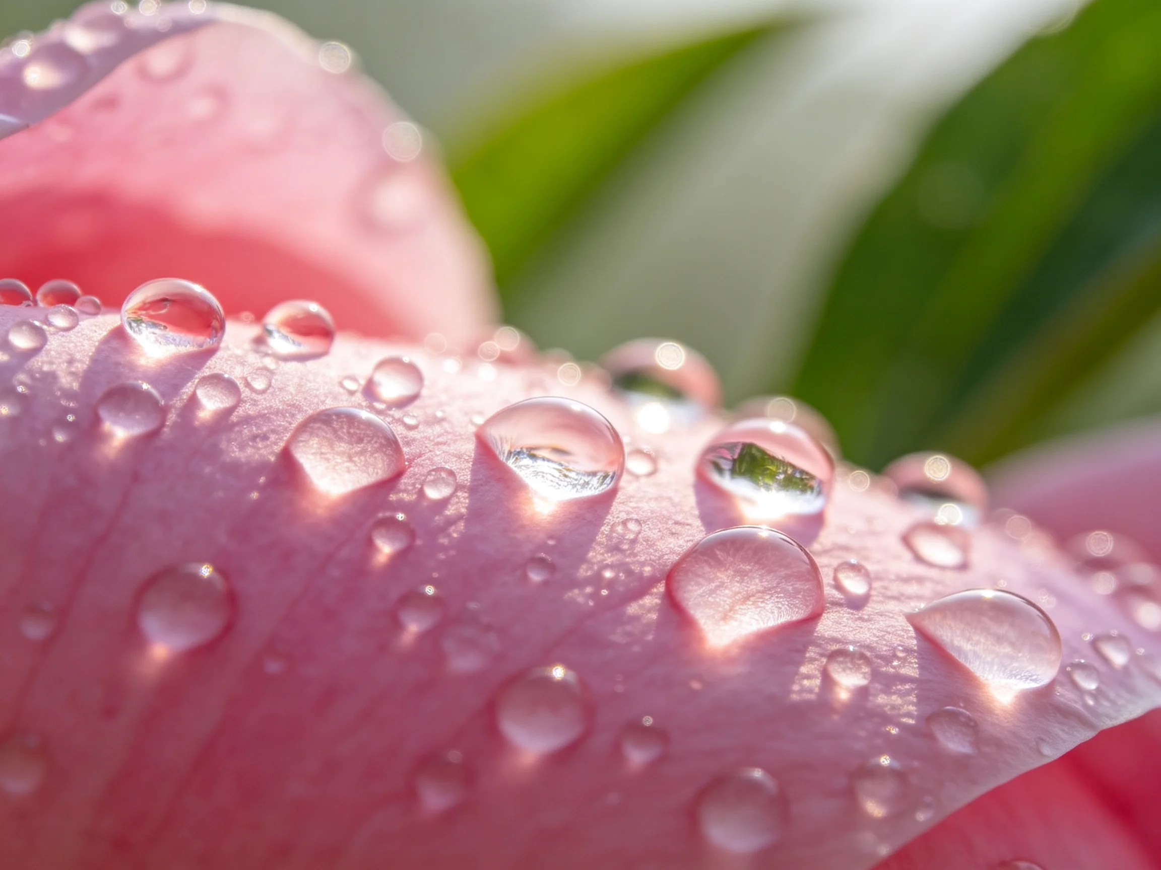 Delicate pink petals with glistening water droplets and green foliage