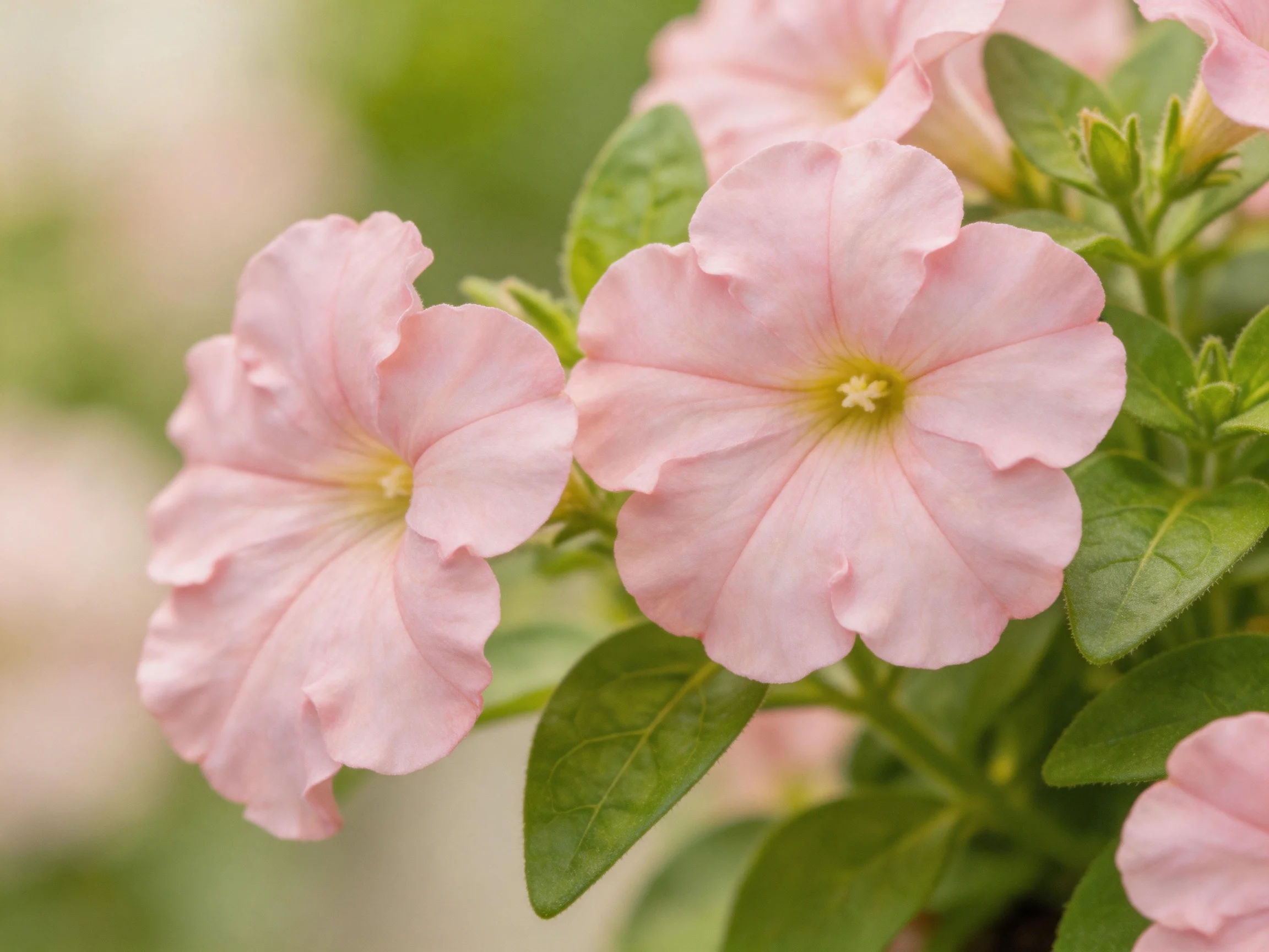 Delicate pink petunia blooms amid lush green foliage