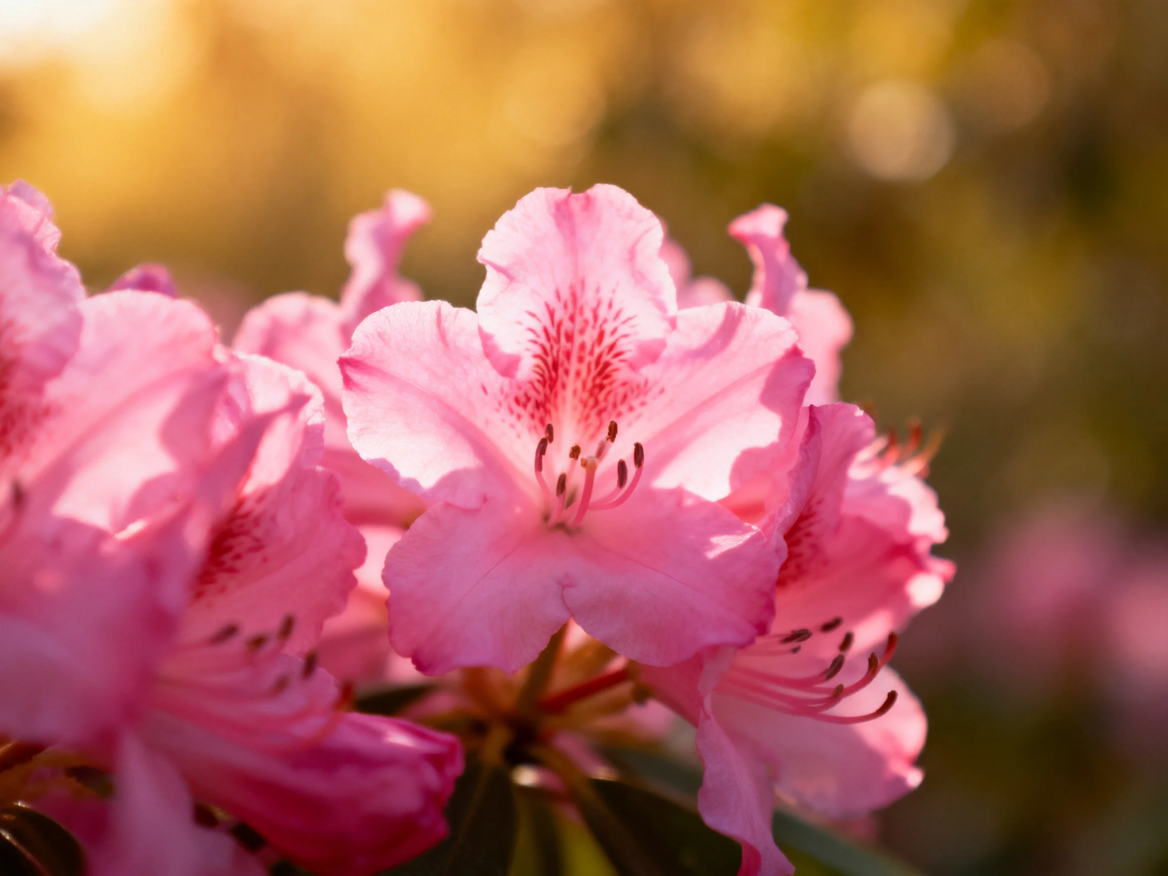 Delicate pink rhododendron blossoms illuminated by golden sunlight