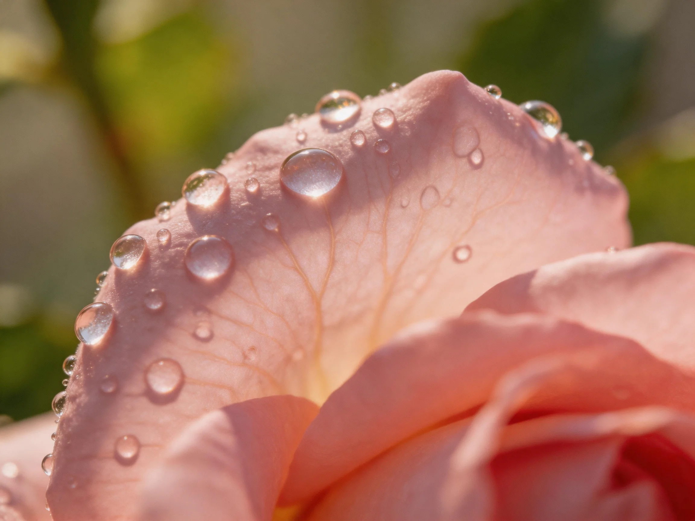 Delicate pink rose petals covered in sparkling dewdrops