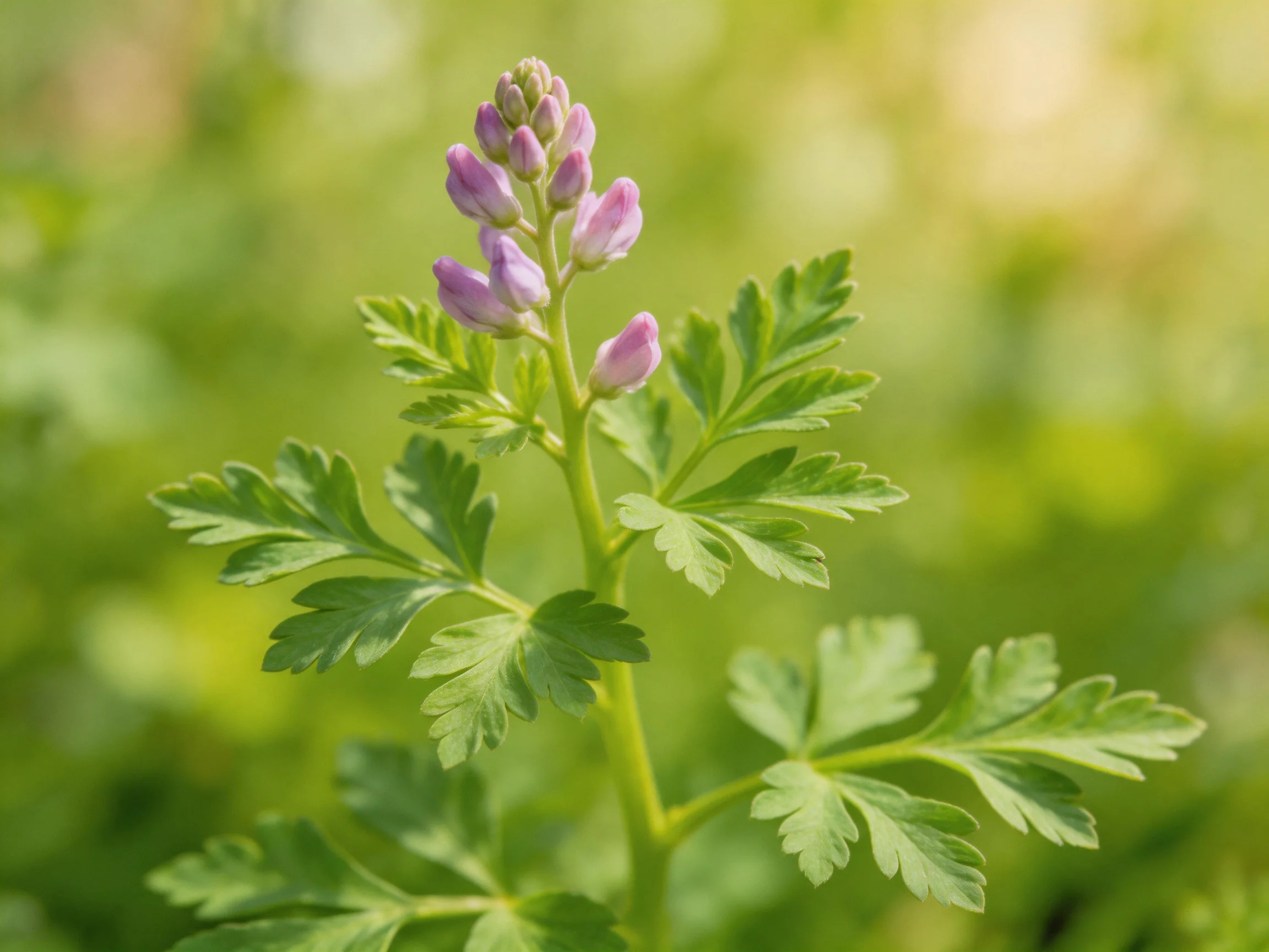 Delicate plant with purple flower buds and fern - like green foliage