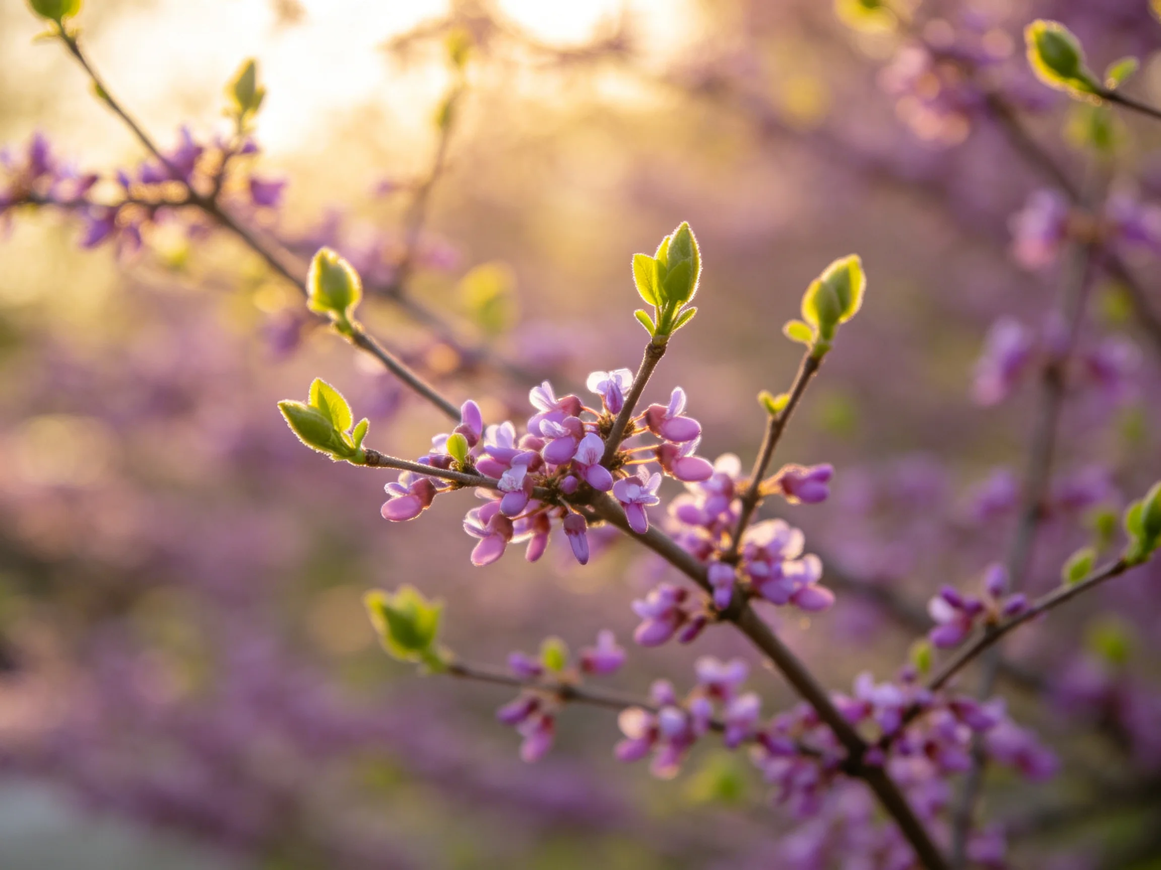 Delicate purple blossoms and tender green buds on slender branches