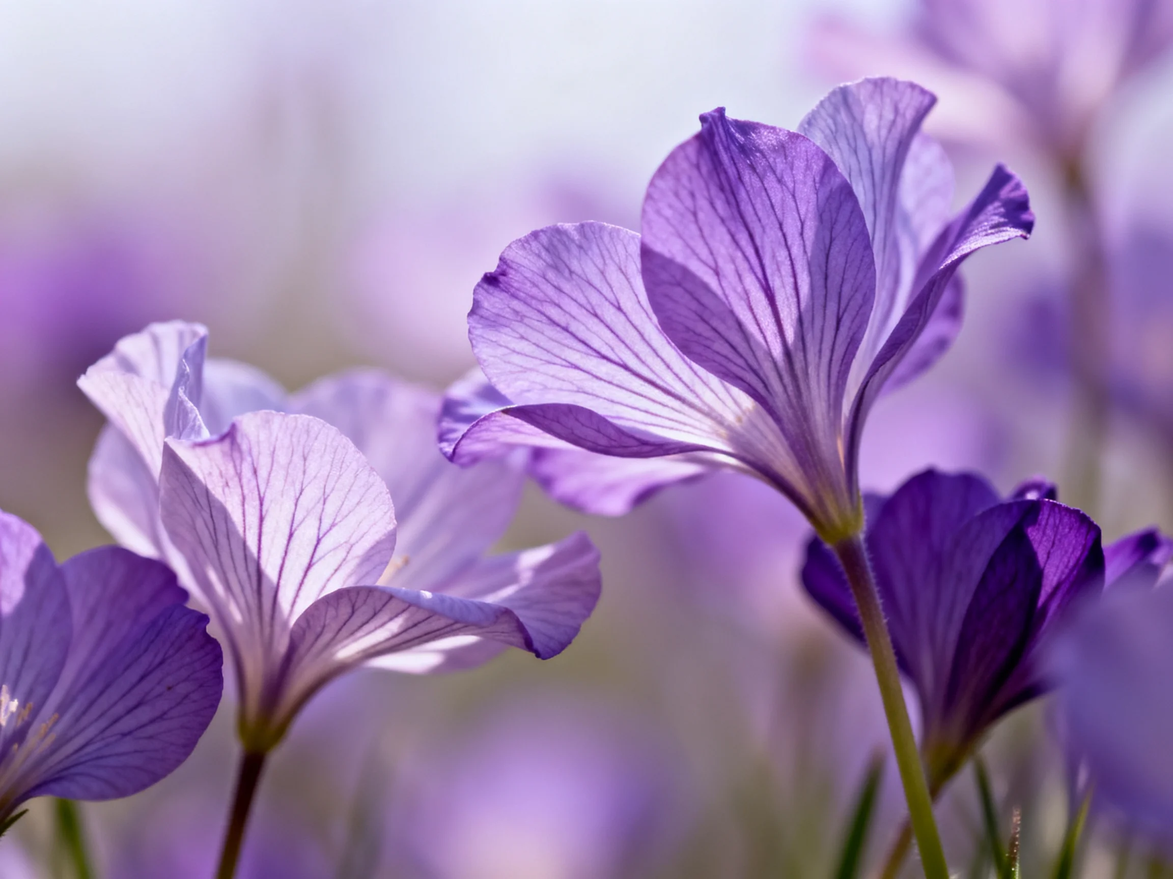 Delicate purple flowers showcase intricate petal veining in soft focus