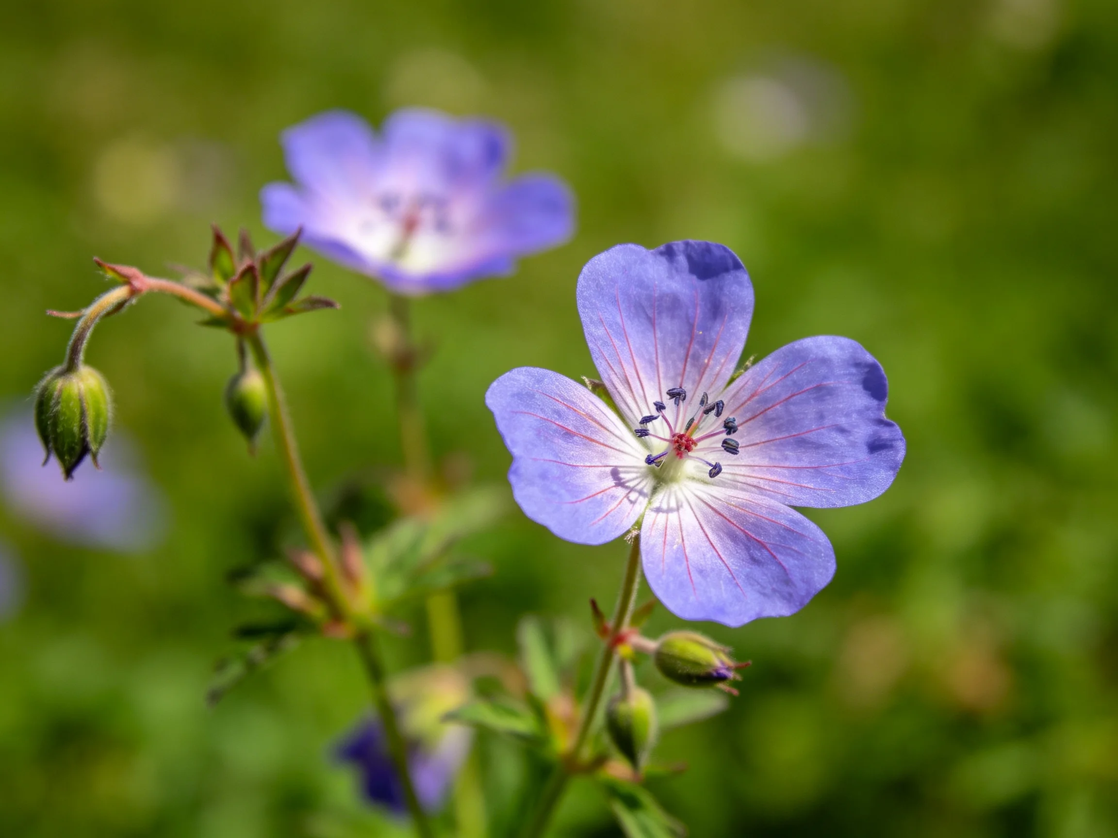 Delicate purple geranium flowers bloom amid green foliage and buds