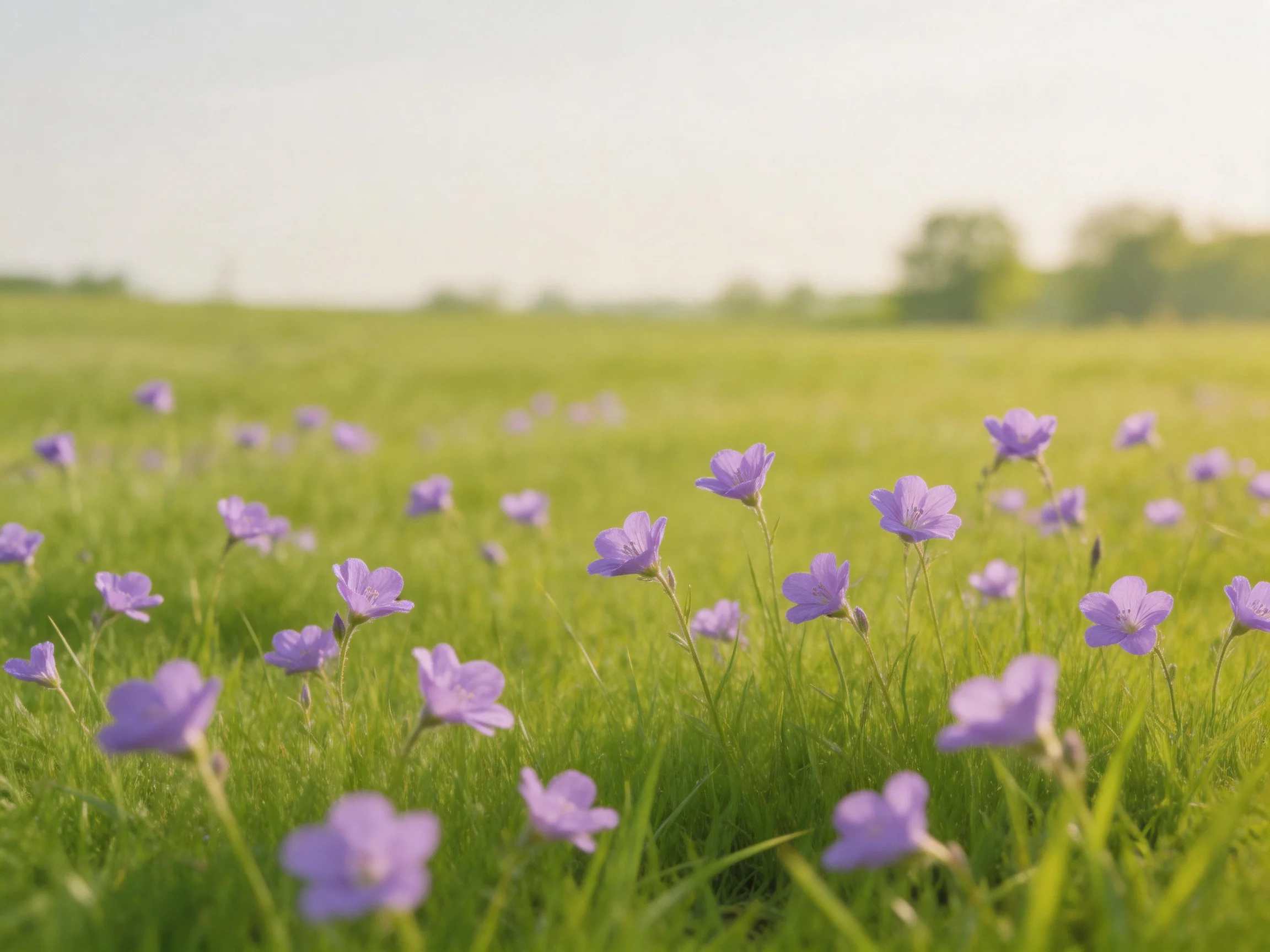 Delicate purple wildflowers scattered in a vast green meadow under soft light