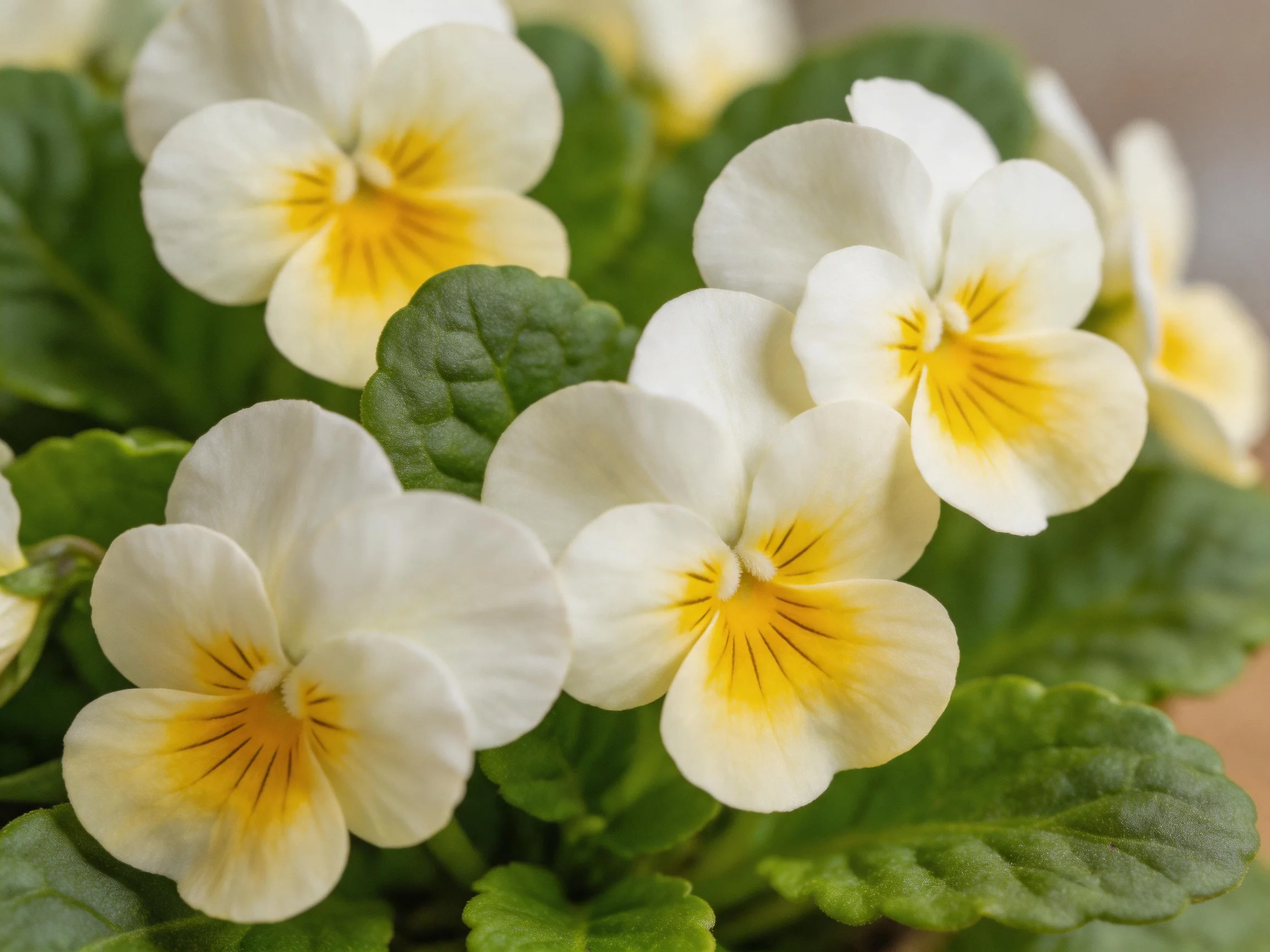 Delicate white and yellow pansy flowers with lush green leaves