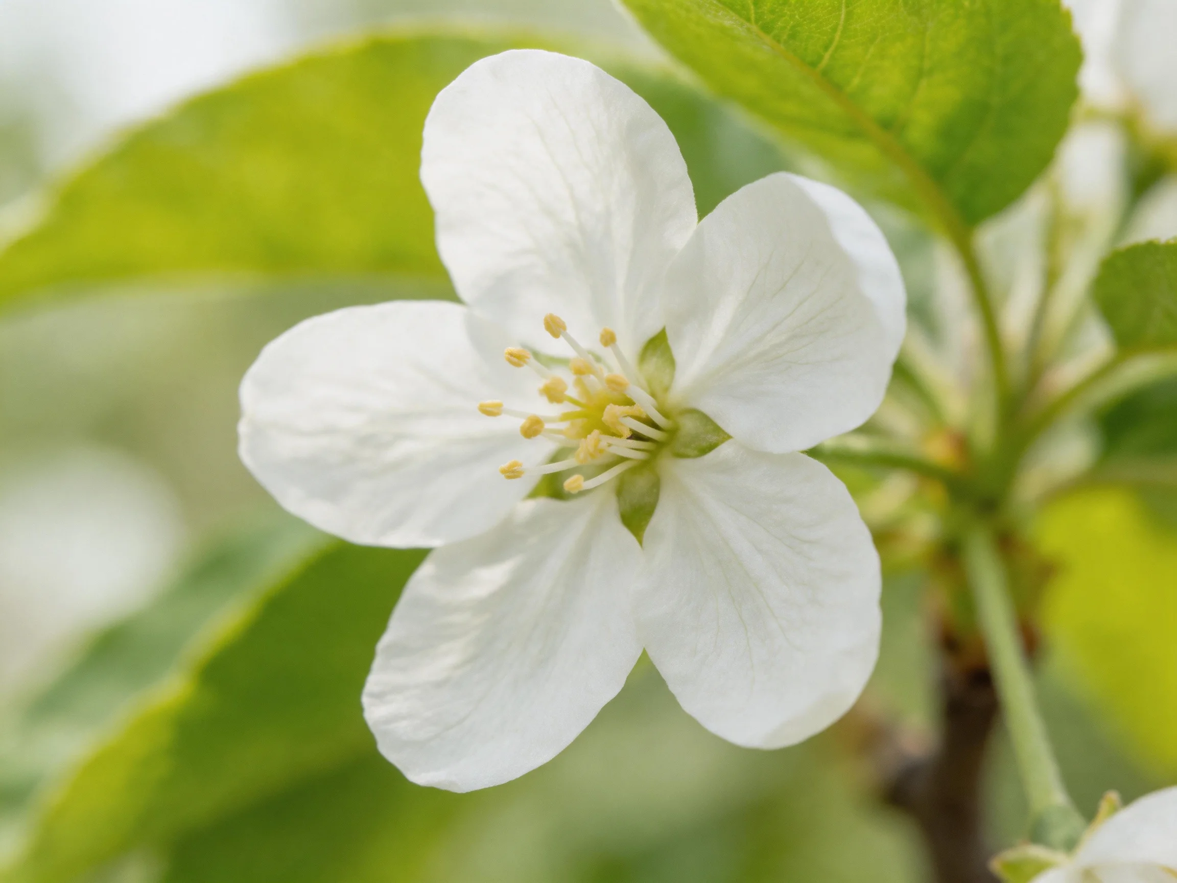 Delicate white apple blossom with vibrant green foliage