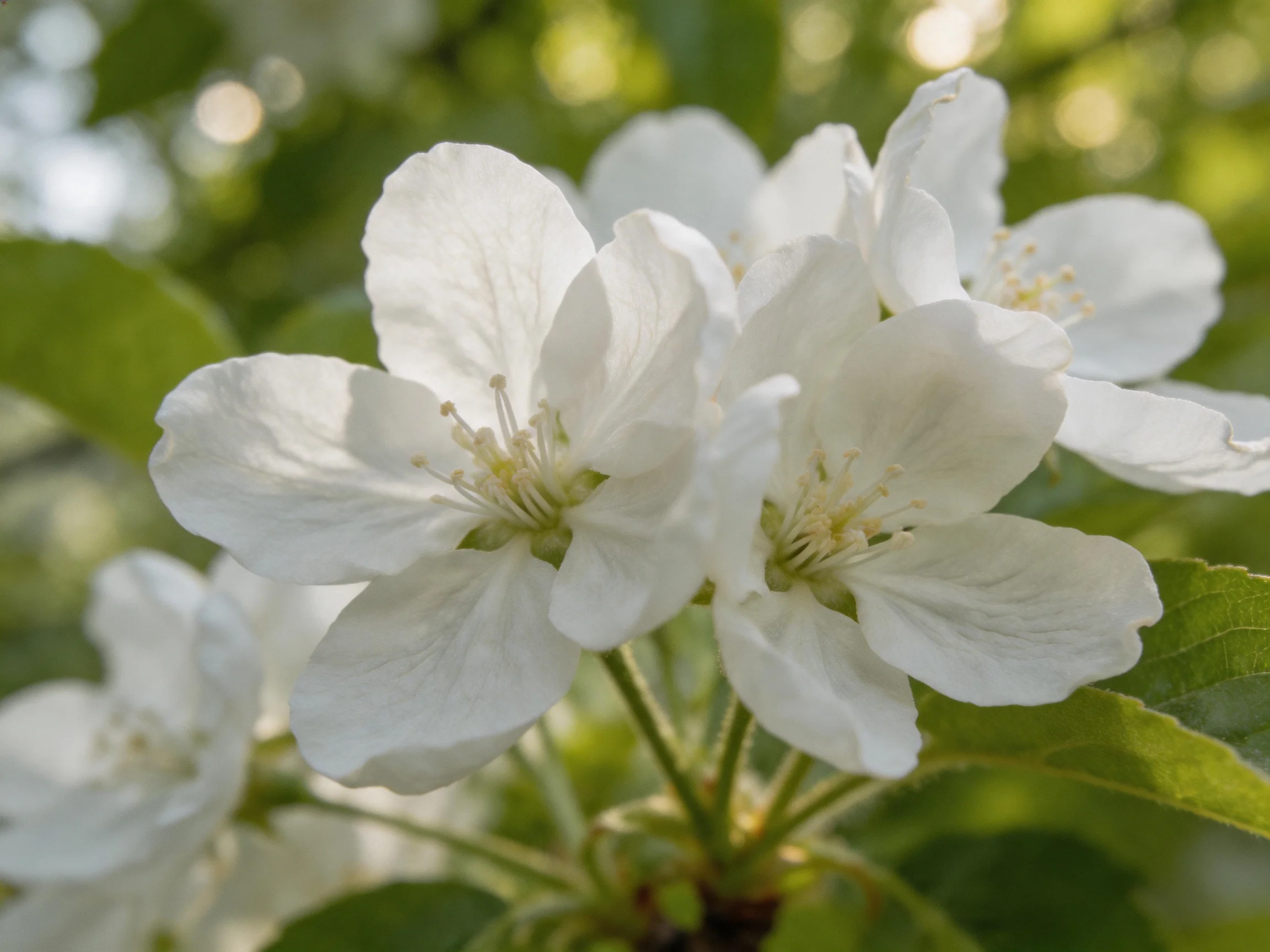 Delicate white apple blossoms cluster amid lush green foliage