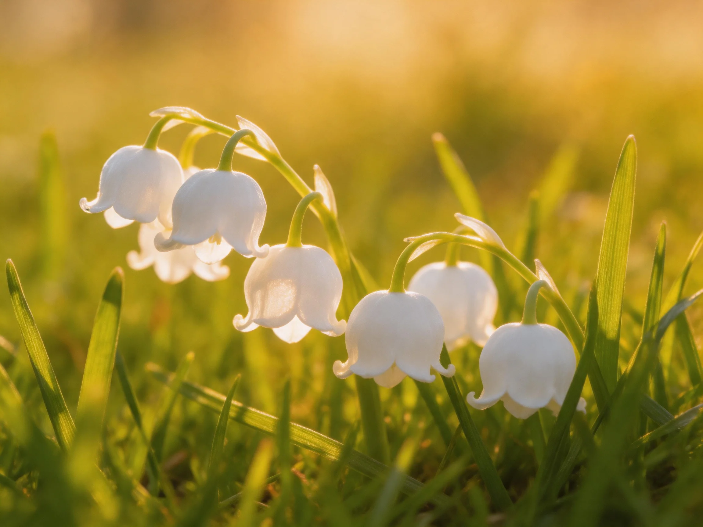 Delicate white bell flowers bloom among lush green grass under golden sunlight