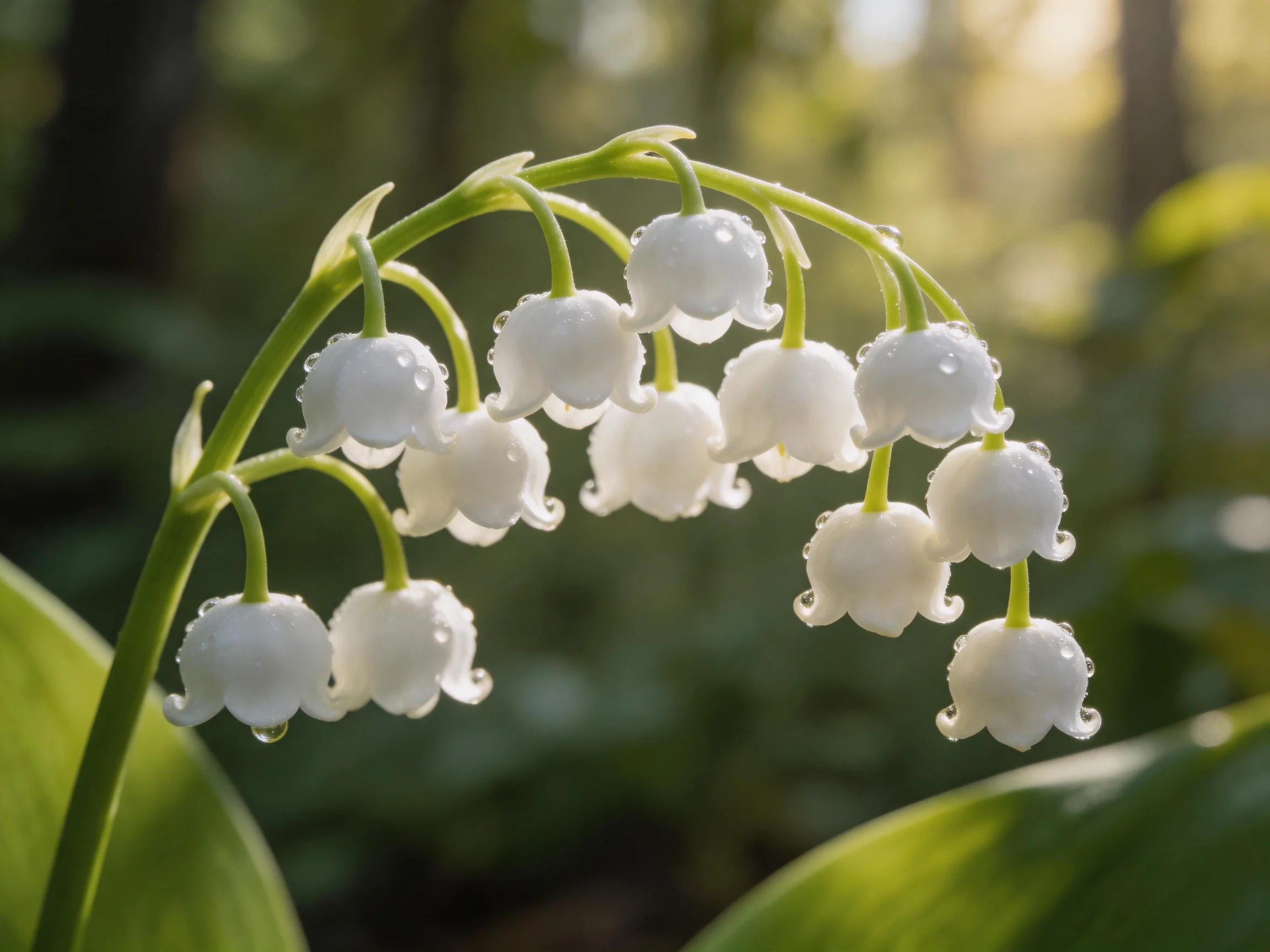Delicate white bell flowers with dew drops on curved stems