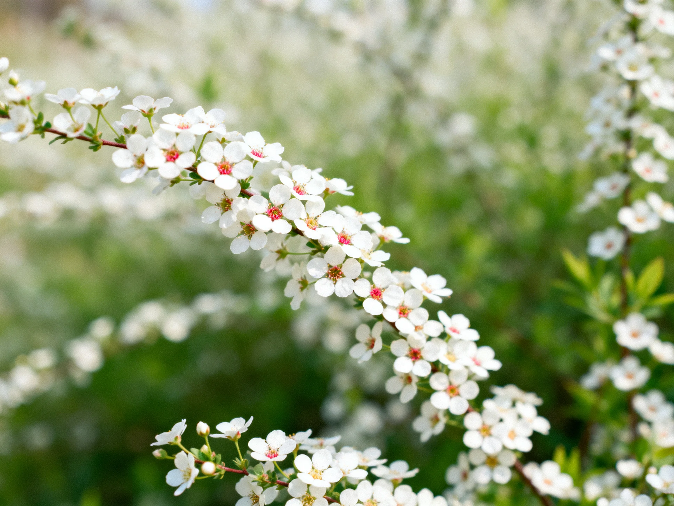 Delicate white blooms with pink centers amid lush green foliage
