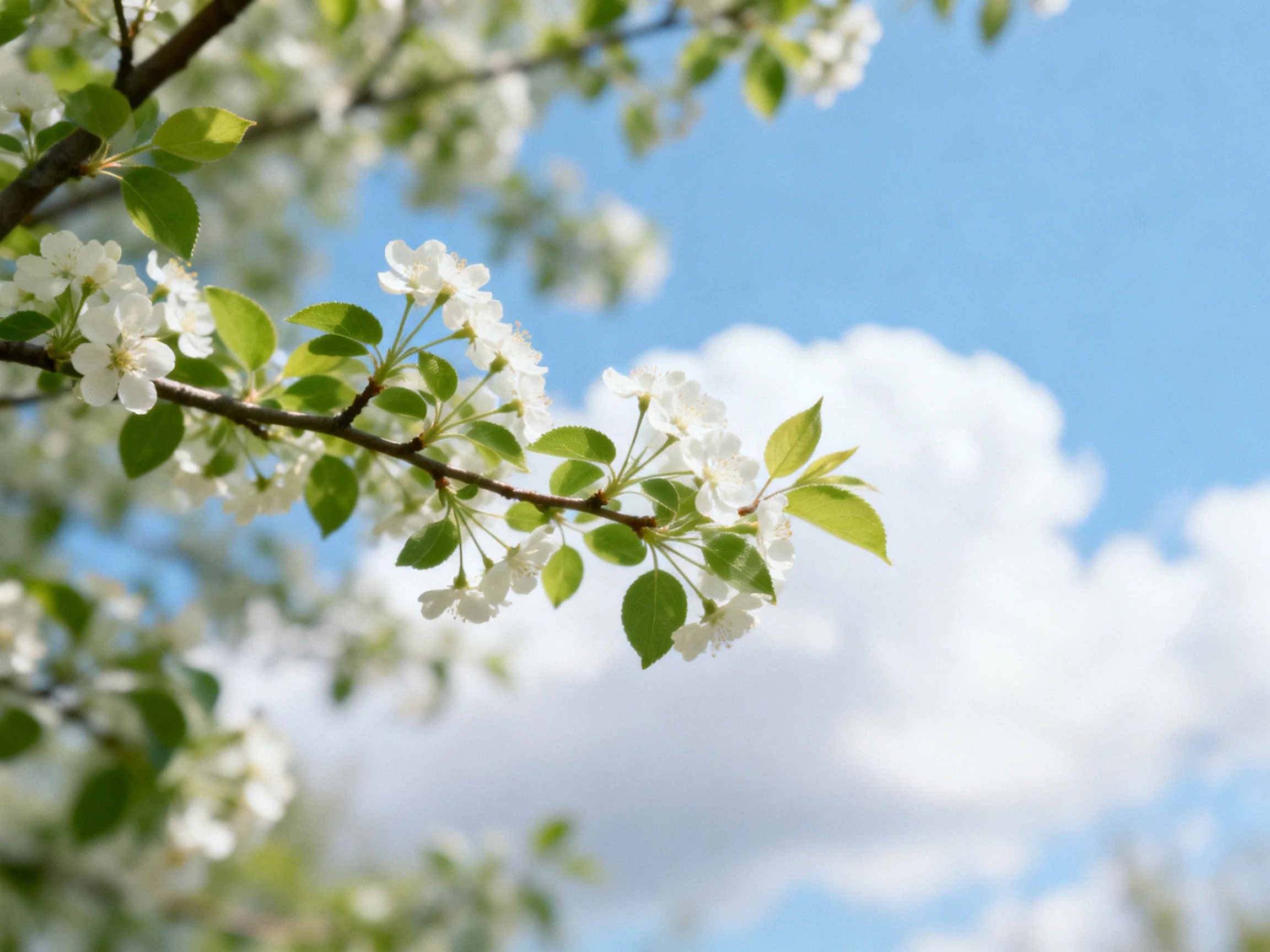 Delicate white blossoms and vibrant green leaves against a bright blue sky