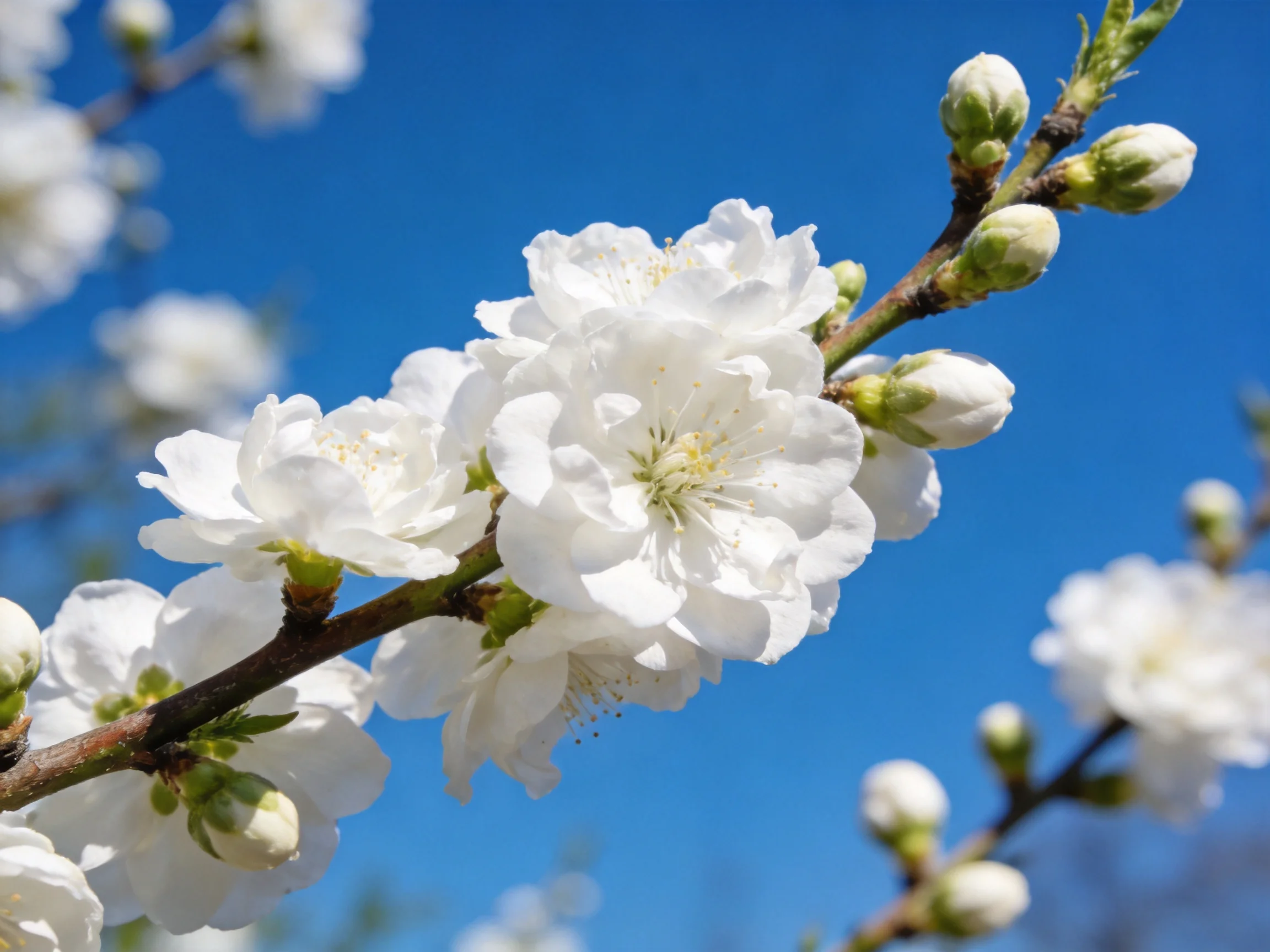 Delicate white blossoms bloom against a bright blue sky