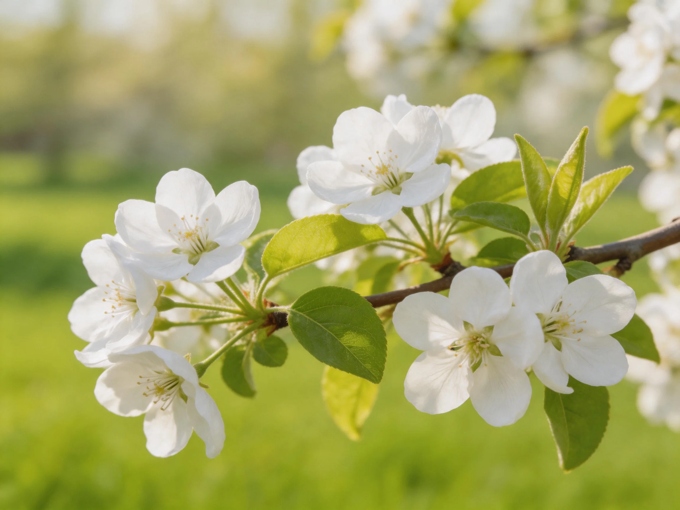 Delicate white blossoms bloom on a branch with vibrant green leaves