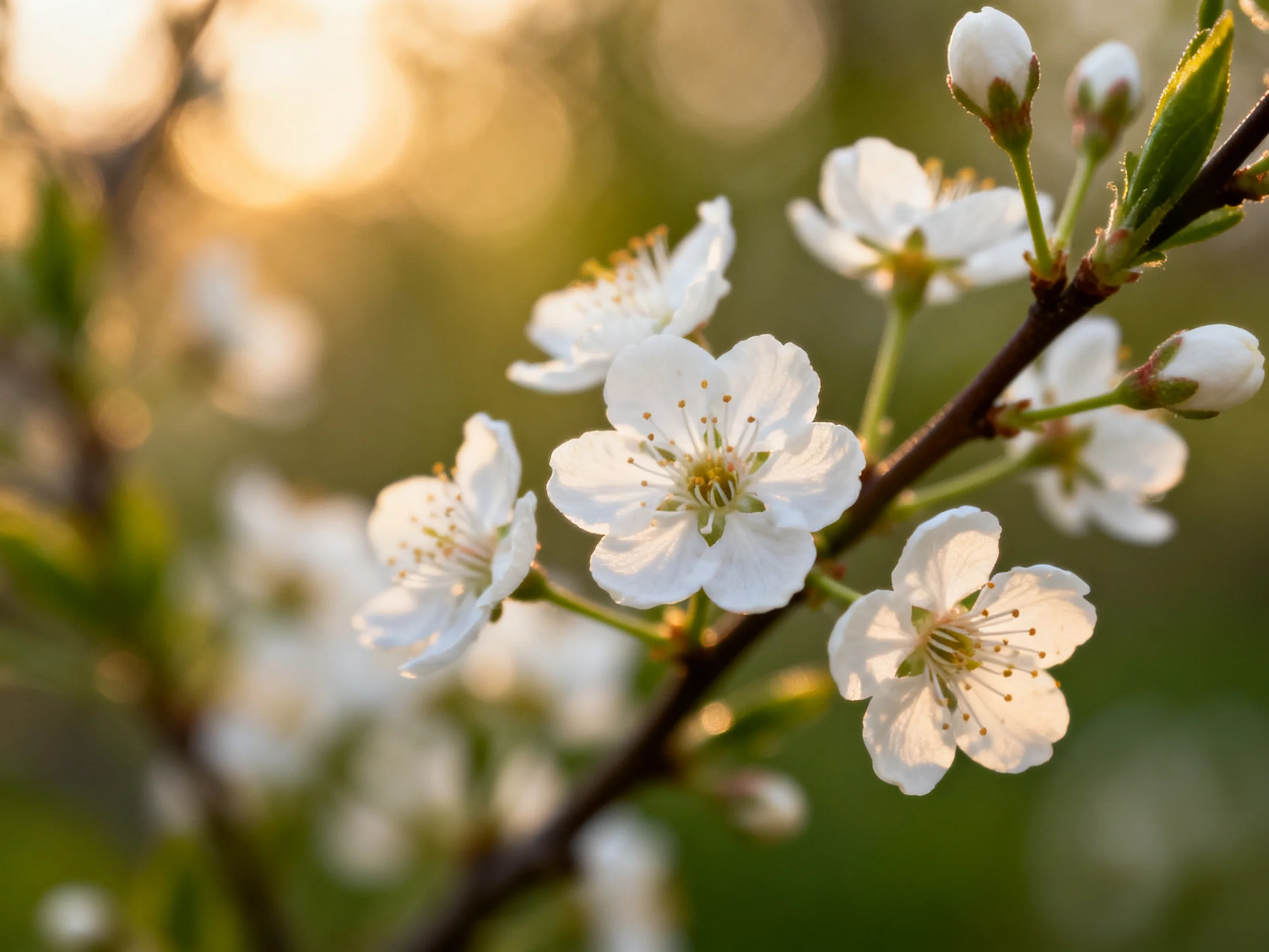 Delicate white blossoms bloom on a dark branch amid soft golden light