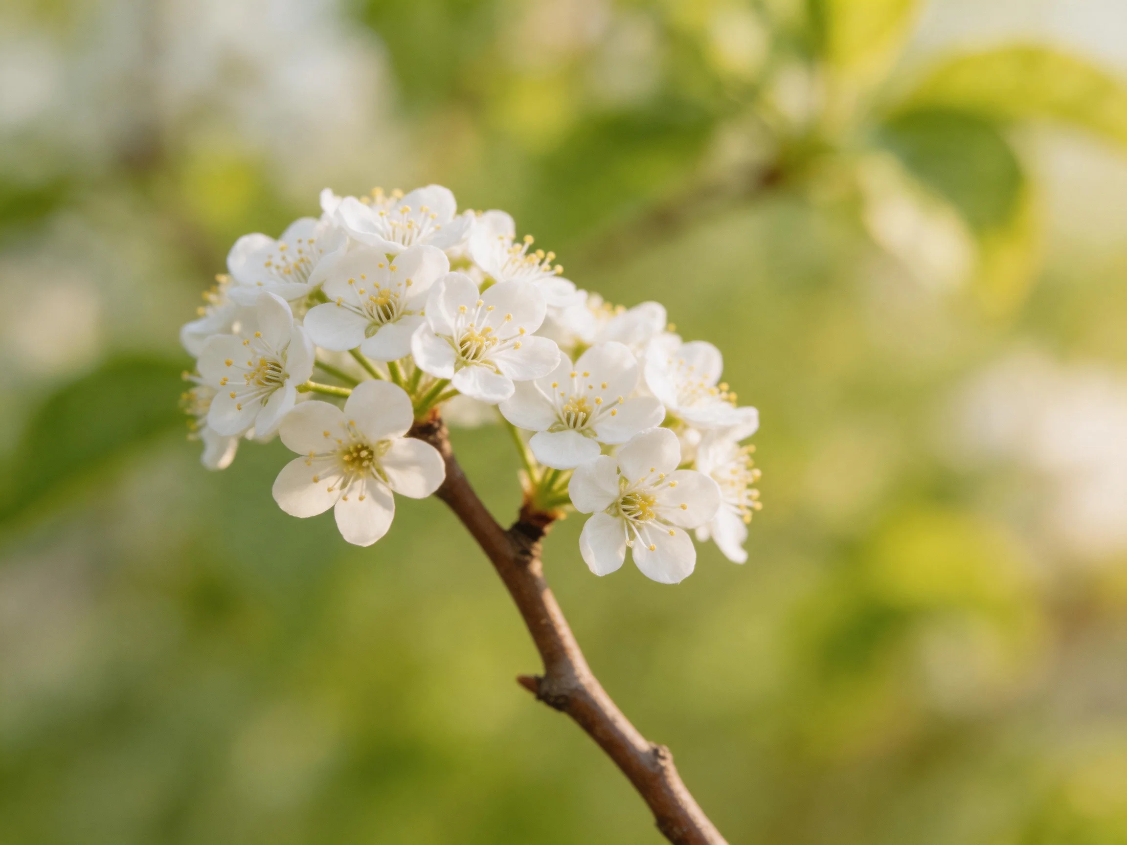 Delicate white blossoms clustered on a slender brown branch