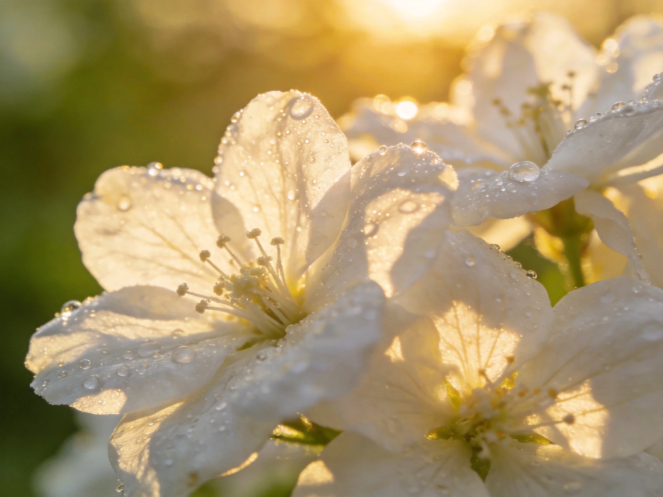 Delicate white blossoms glisten with dewdrops under golden sunlight
