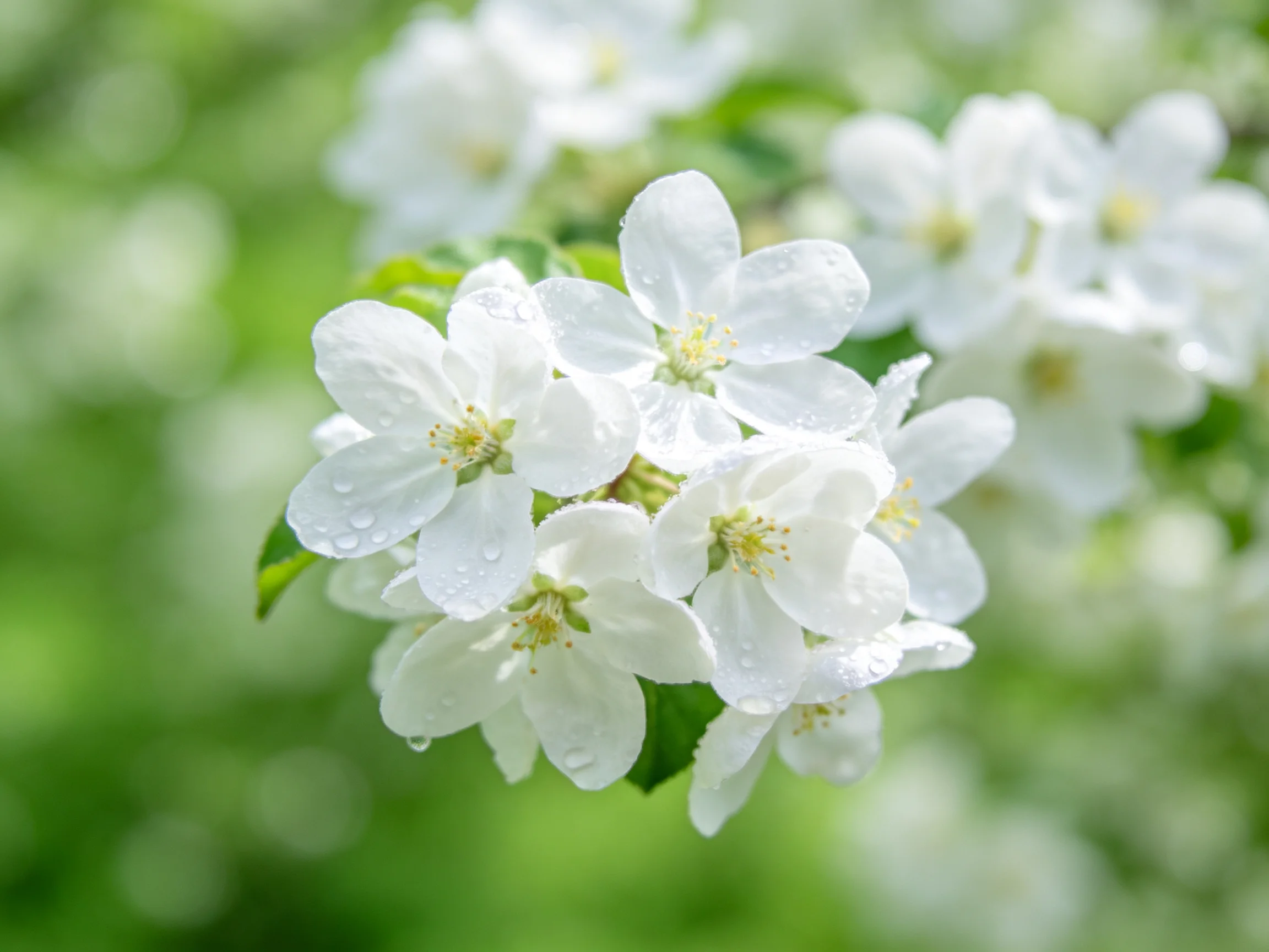 Delicate white blossoms with dewdrops against soft green foliage