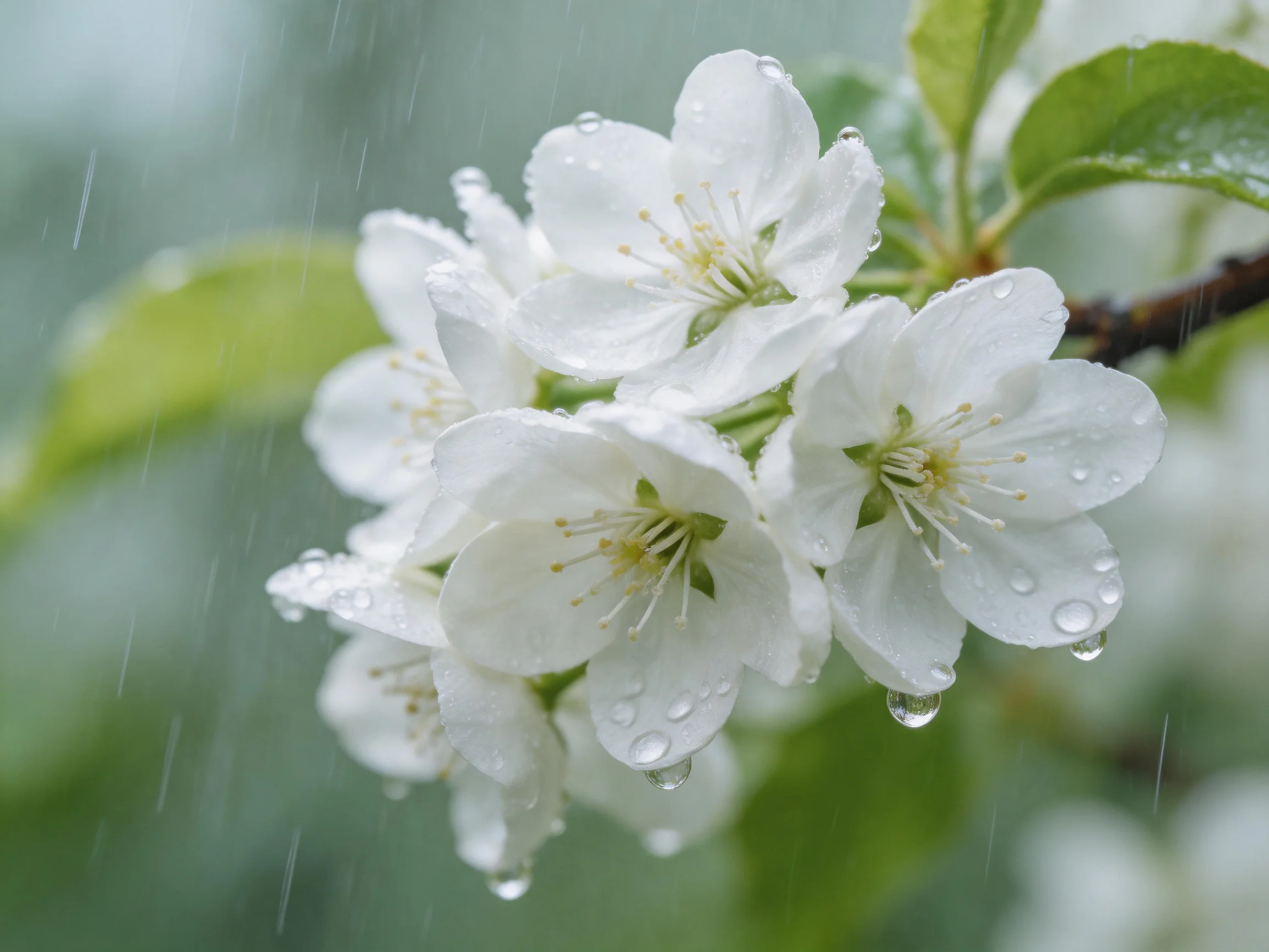 Delicate white blossoms with raindrops amid green foliage