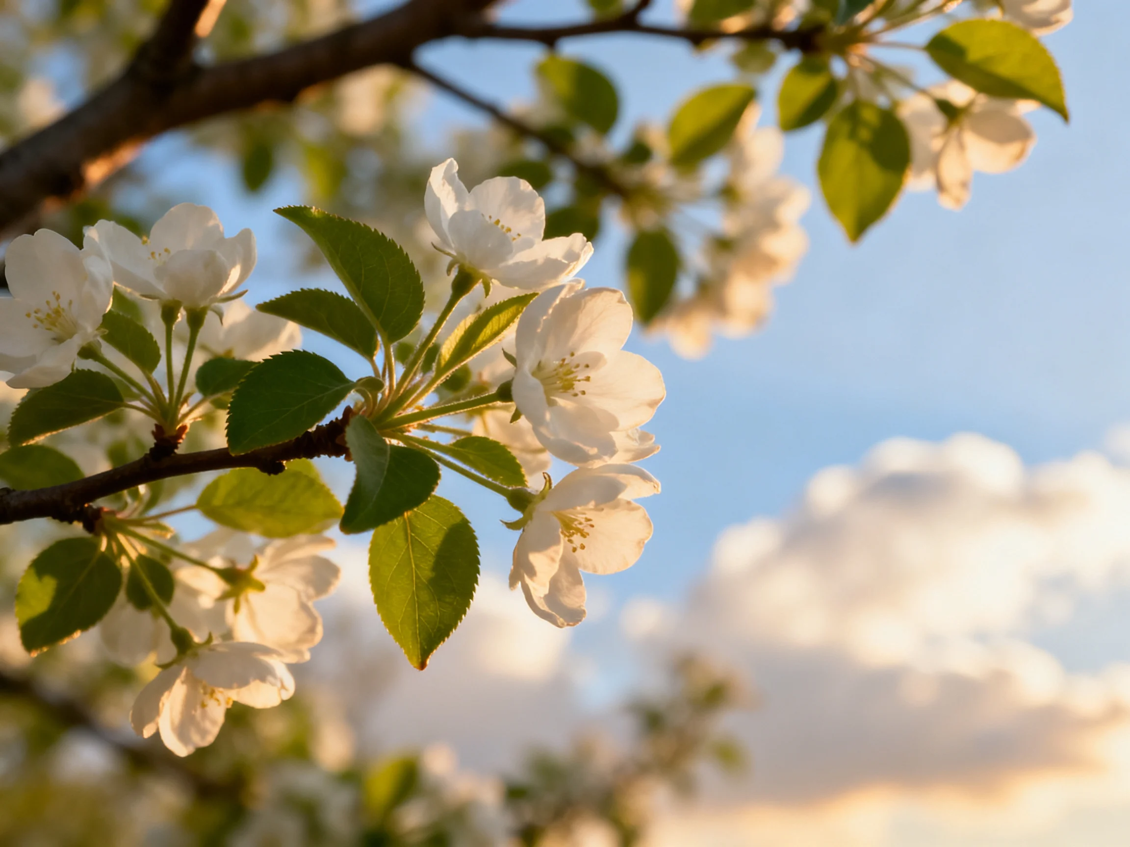 Delicate white blossoms with vibrant green leaves against a clear blue sky