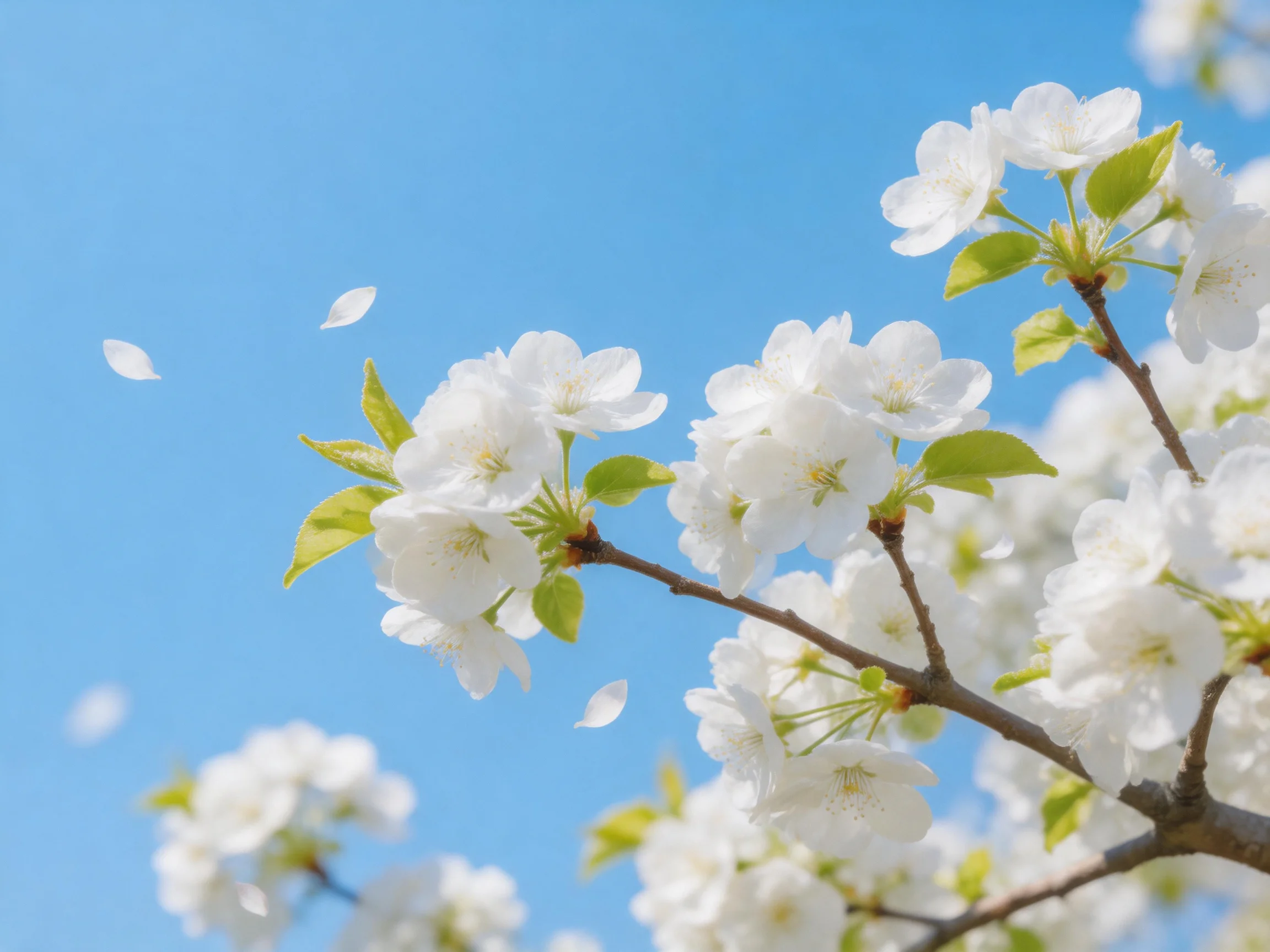 Delicate white cherry blossom branches with falling petals under bright blue sky