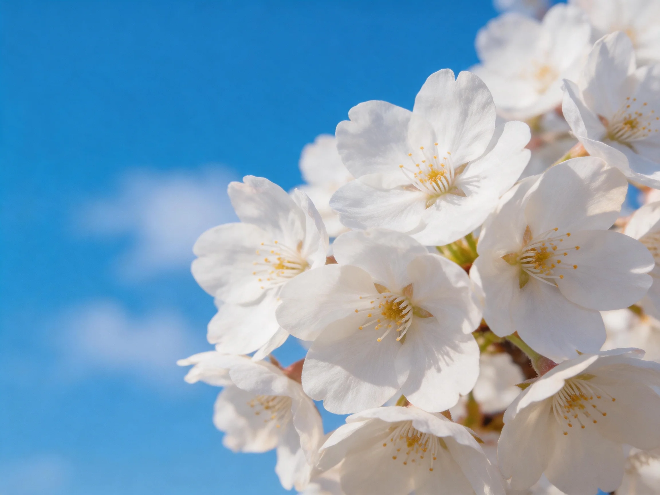 Delicate white cherry blossom cluster against a clear blue sky