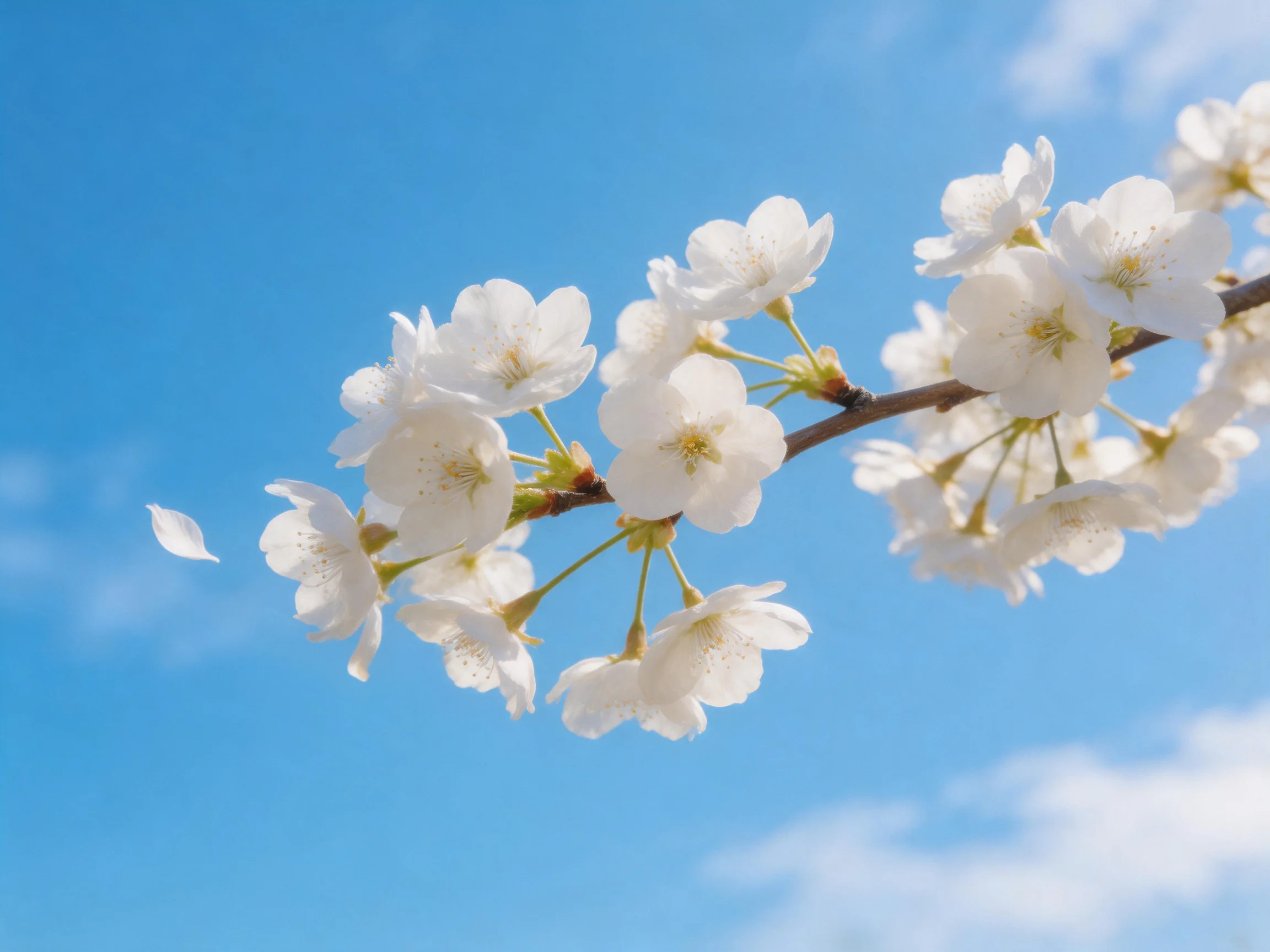 Delicate white cherry blossom cluster against clear blue sky
