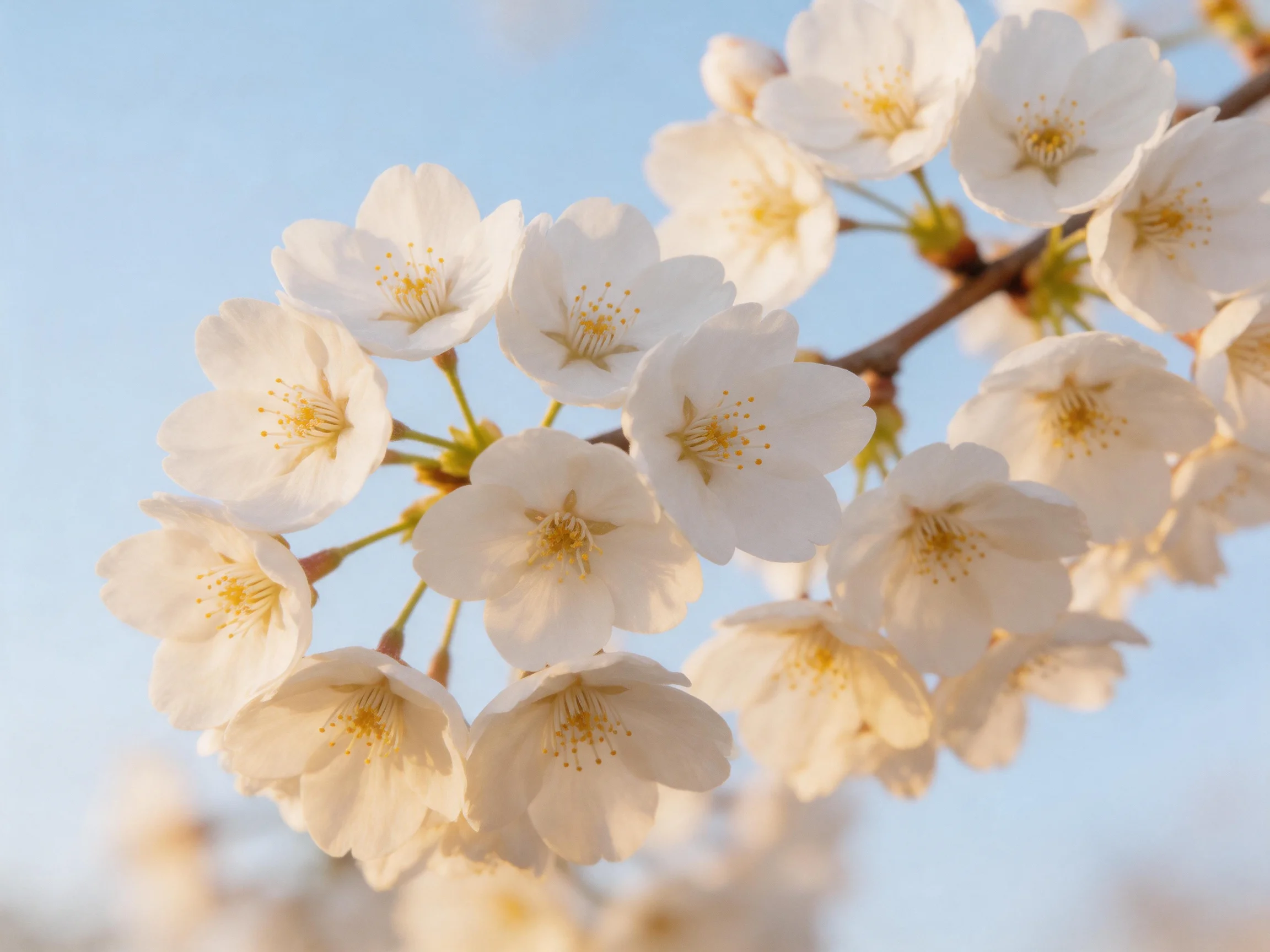 Delicate white cherry blossom clusters against a clear blue sky