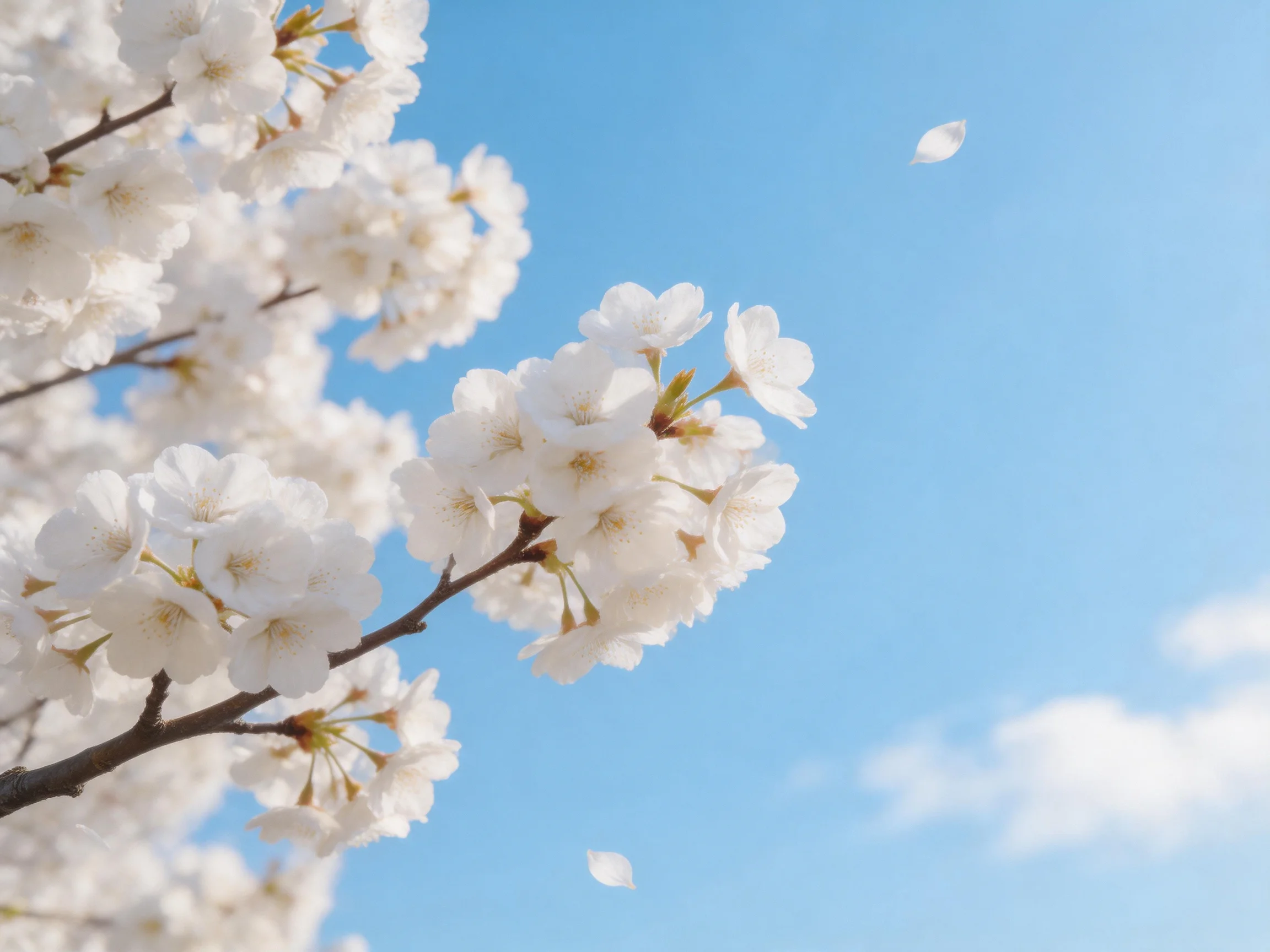 Delicate white cherry blossom clusters against a clear blue sky