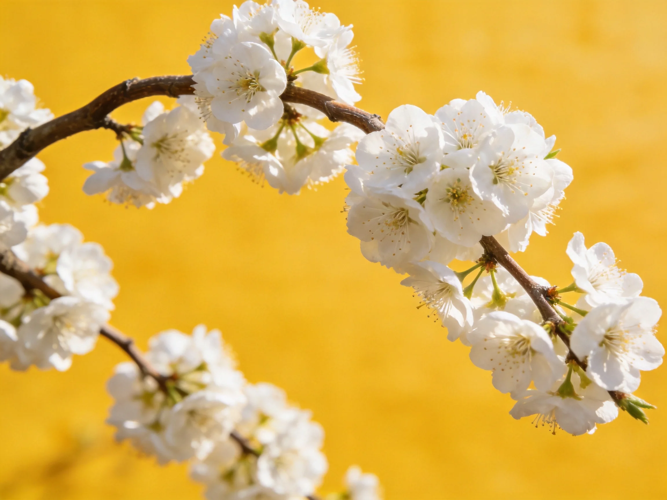 Delicate white cherry blossom clusters bloom on dark brown branches against a bright yellow backdrop