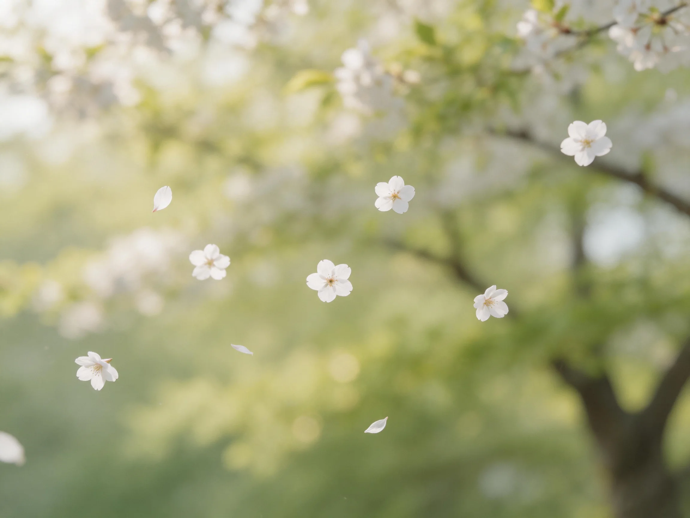 Delicate white cherry blossom petals drift amid lush green foliage