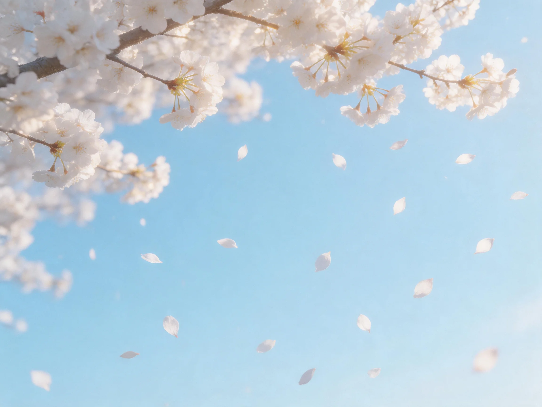 Delicate white cherry blossoms and falling petals under clear blue sky