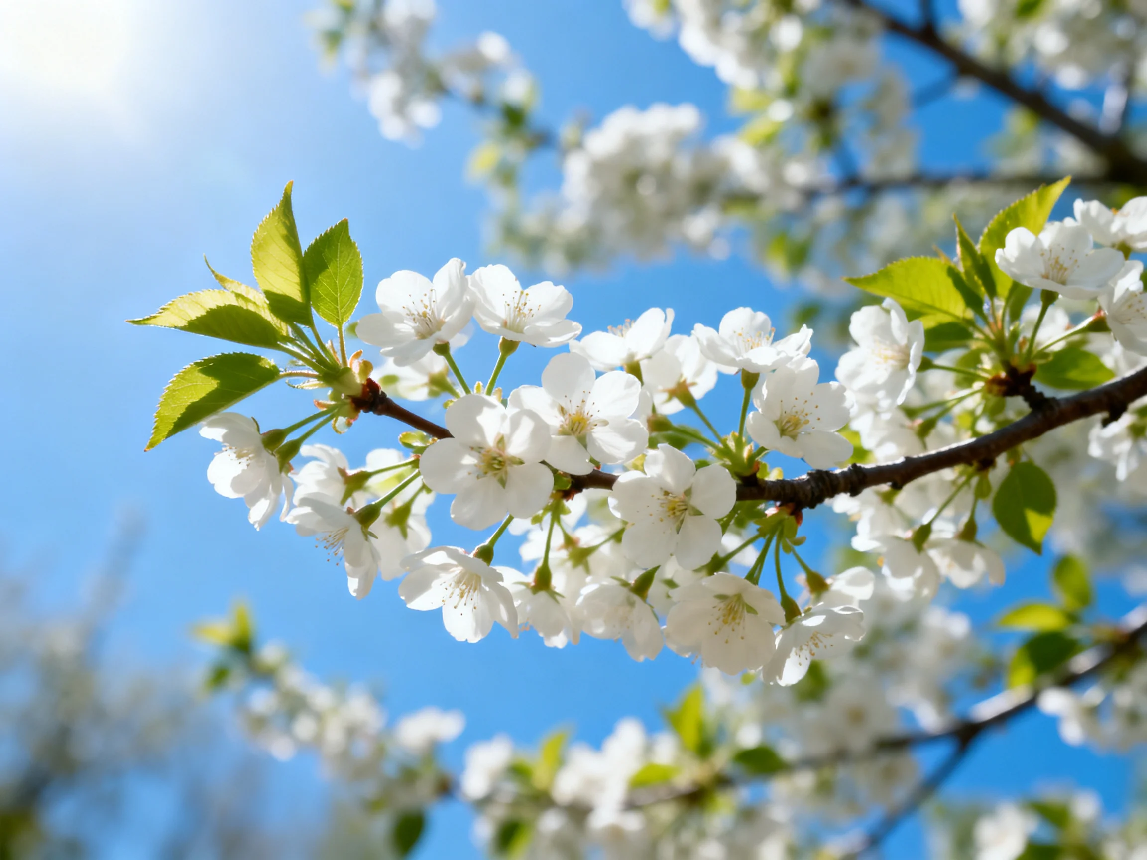 Delicate white cherry blossoms bloom against a bright blue sky