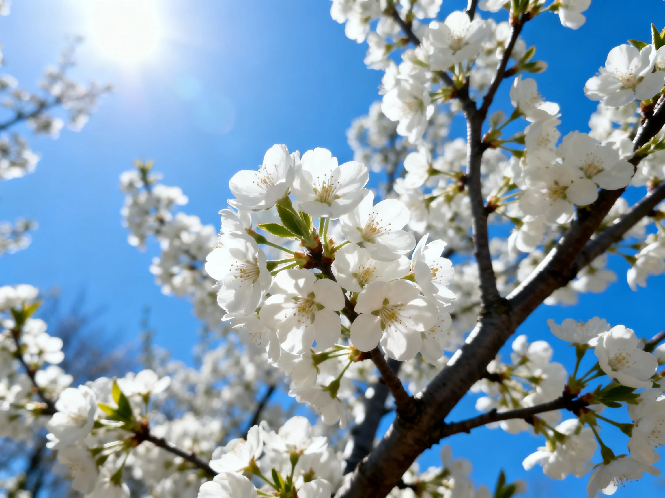 Delicate white cherry blossoms bloom against a vivid blue sky