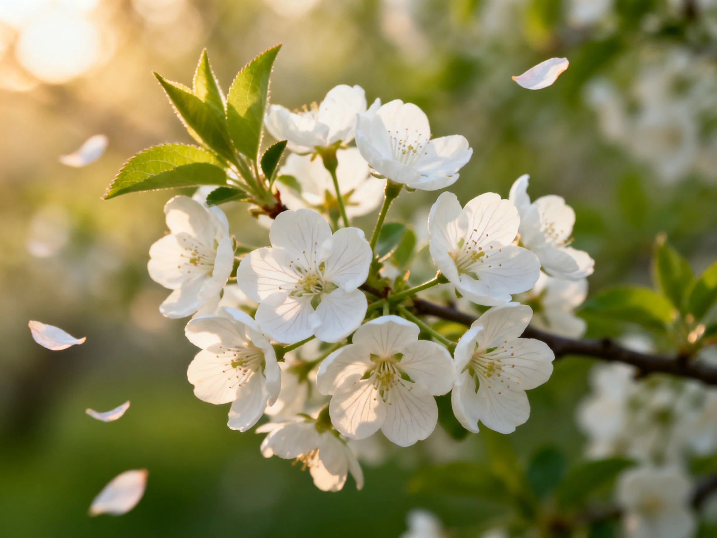 Delicate white cherry blossoms bloom on a branch with green leaves under golden sunlight