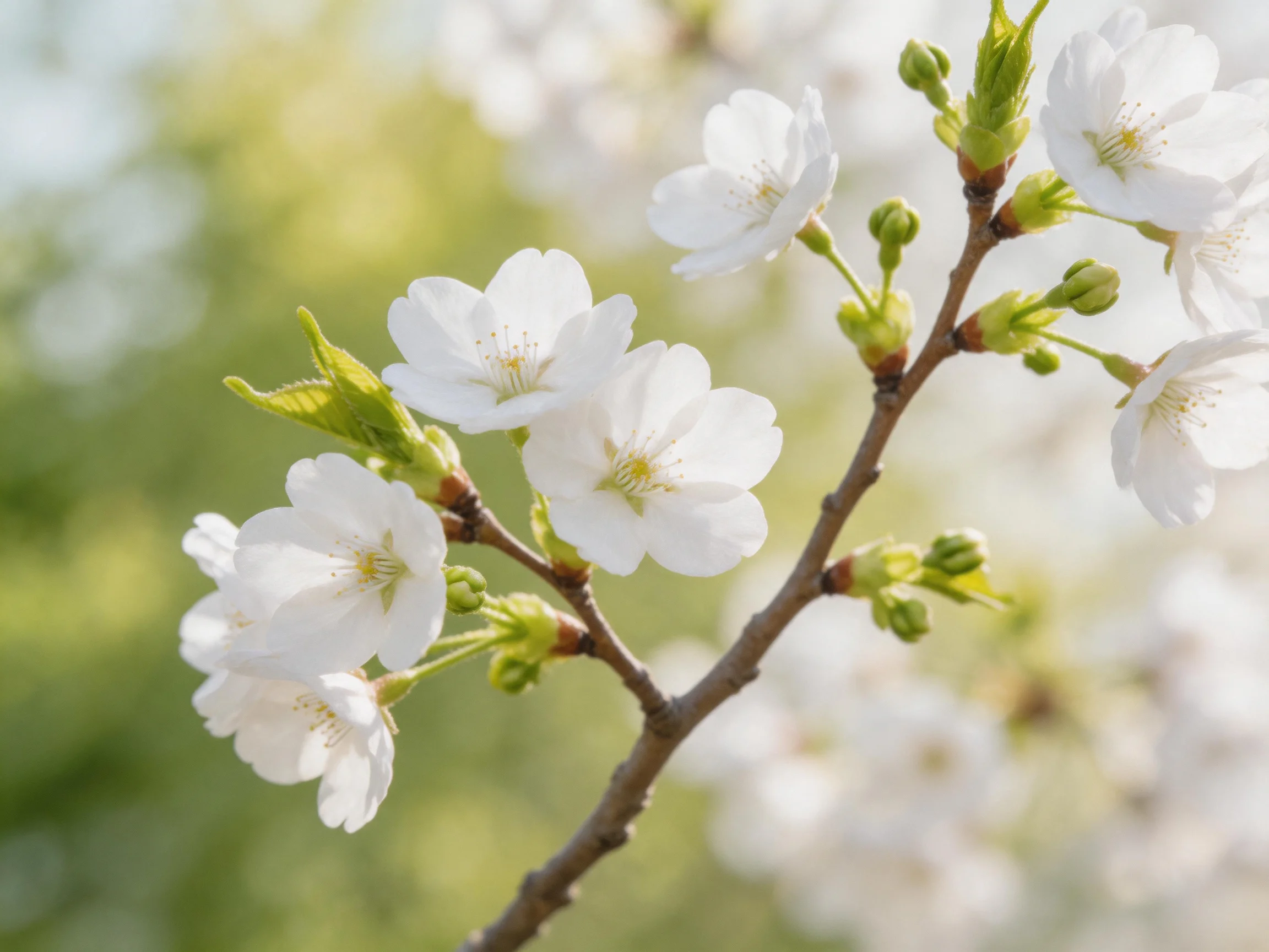 Delicate white cherry blossoms bloom on a brown branch with green buds