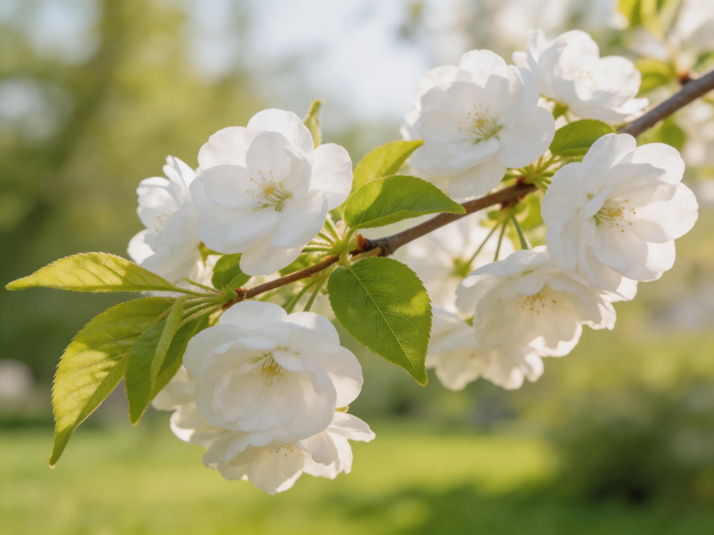 Delicate white cherry blossoms bloom on a brown branch with green leaves