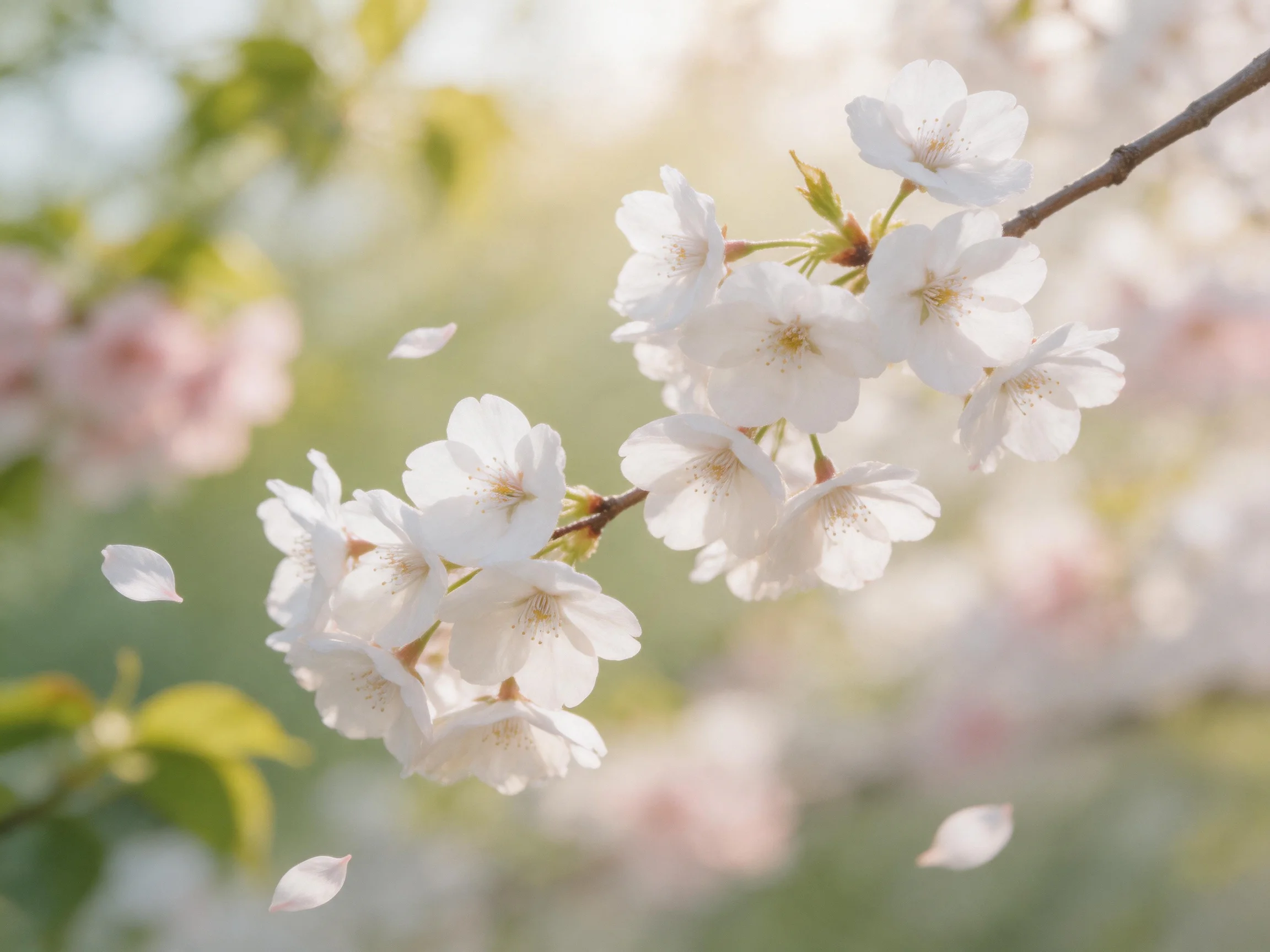 Delicate white cherry blossoms bloom on slender branches amid falling petals
