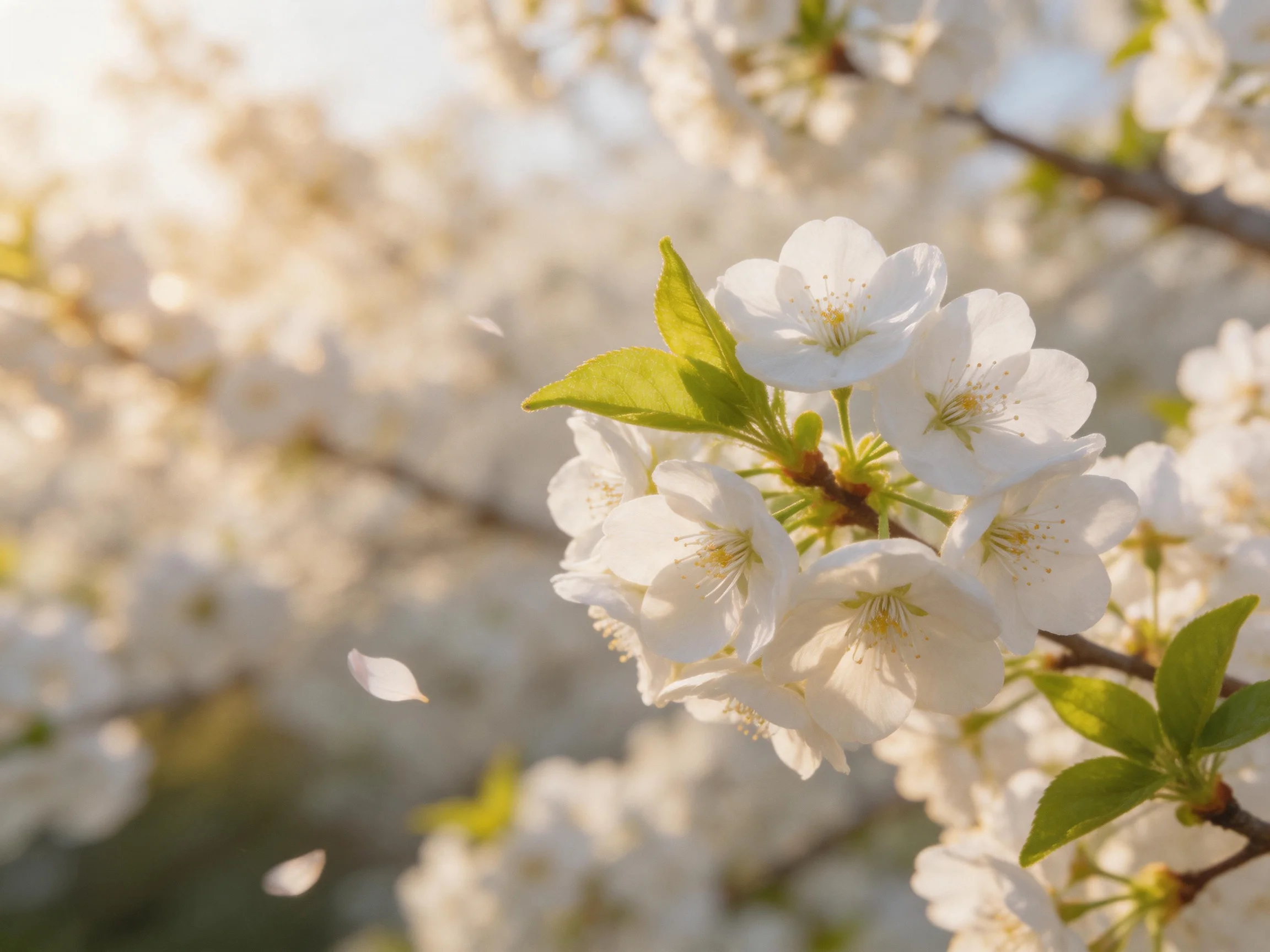 Delicate white cherry blossoms bloom under soft golden sunlight
