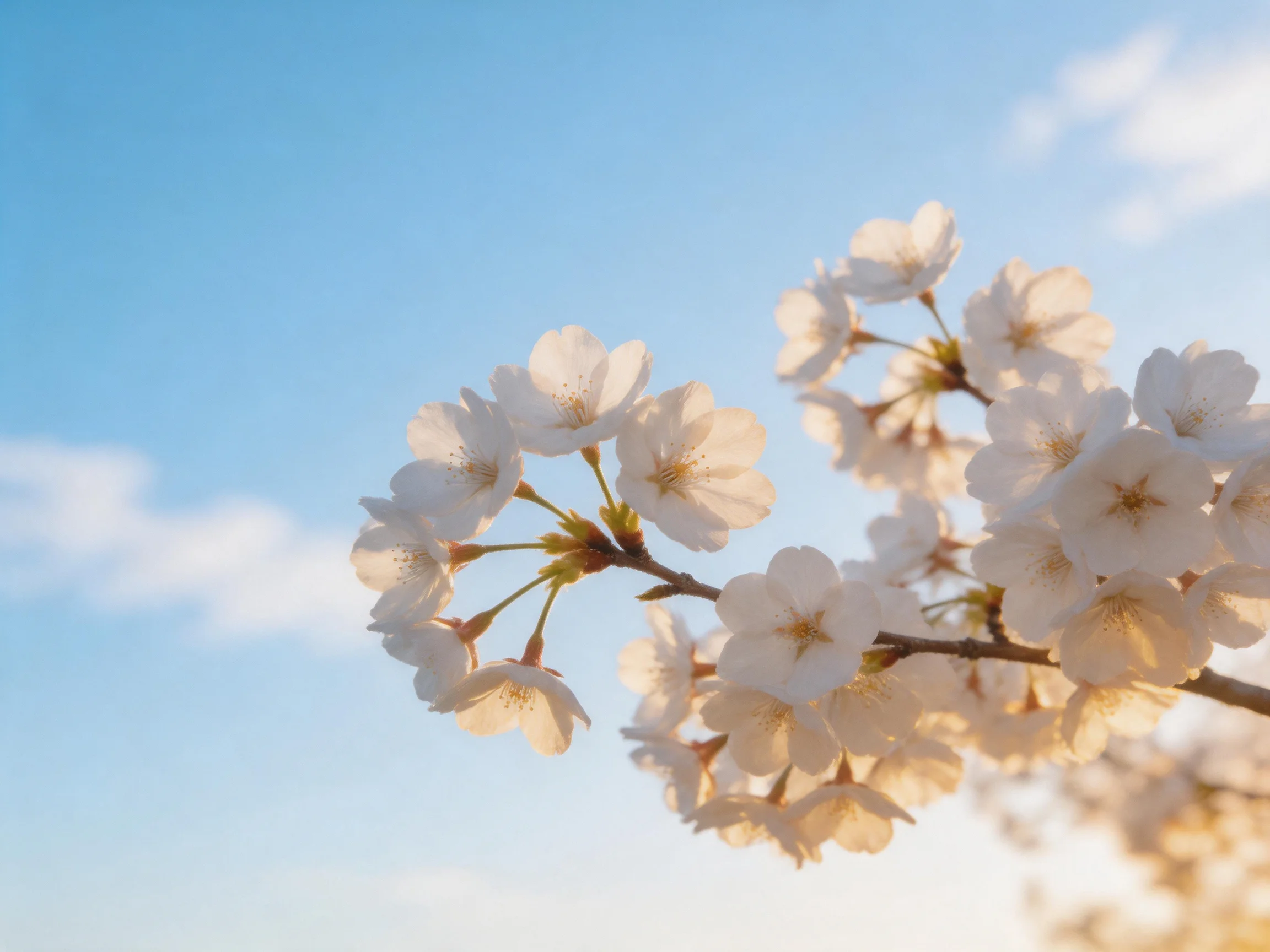Delicate white cherry blossoms cluster on branches against a clear blue sky.