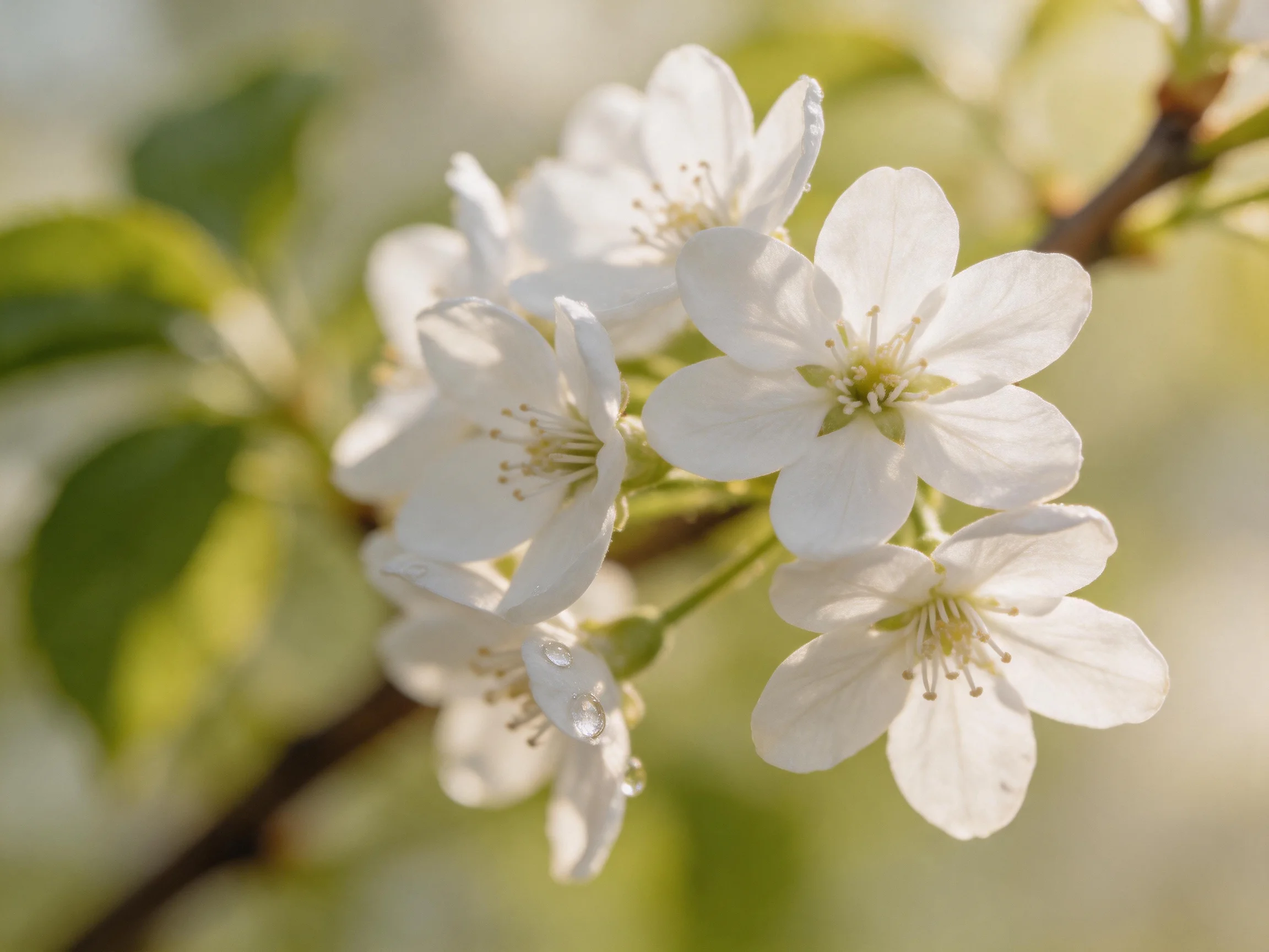 Delicate white cherry blossoms clustered among green leaves