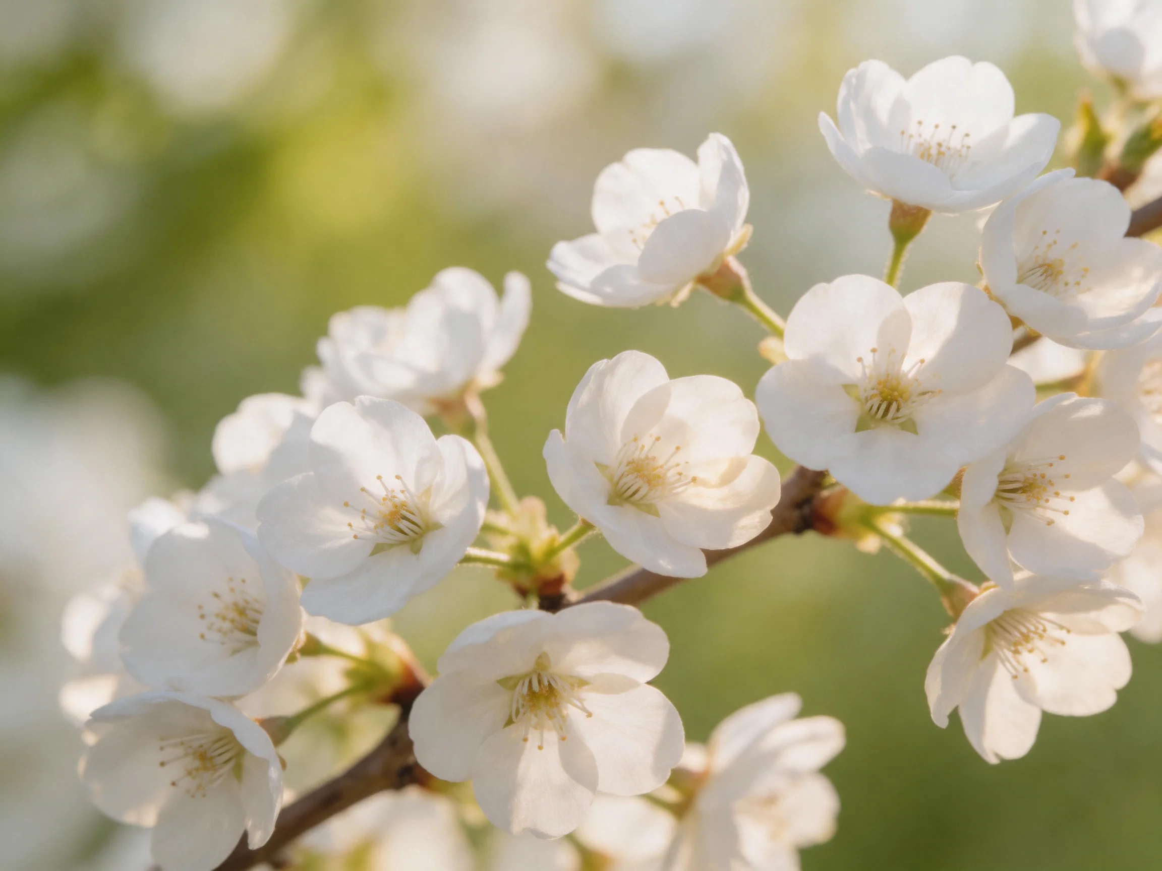 Delicate white cherry blossoms clustered on a branch against soft green backdrop