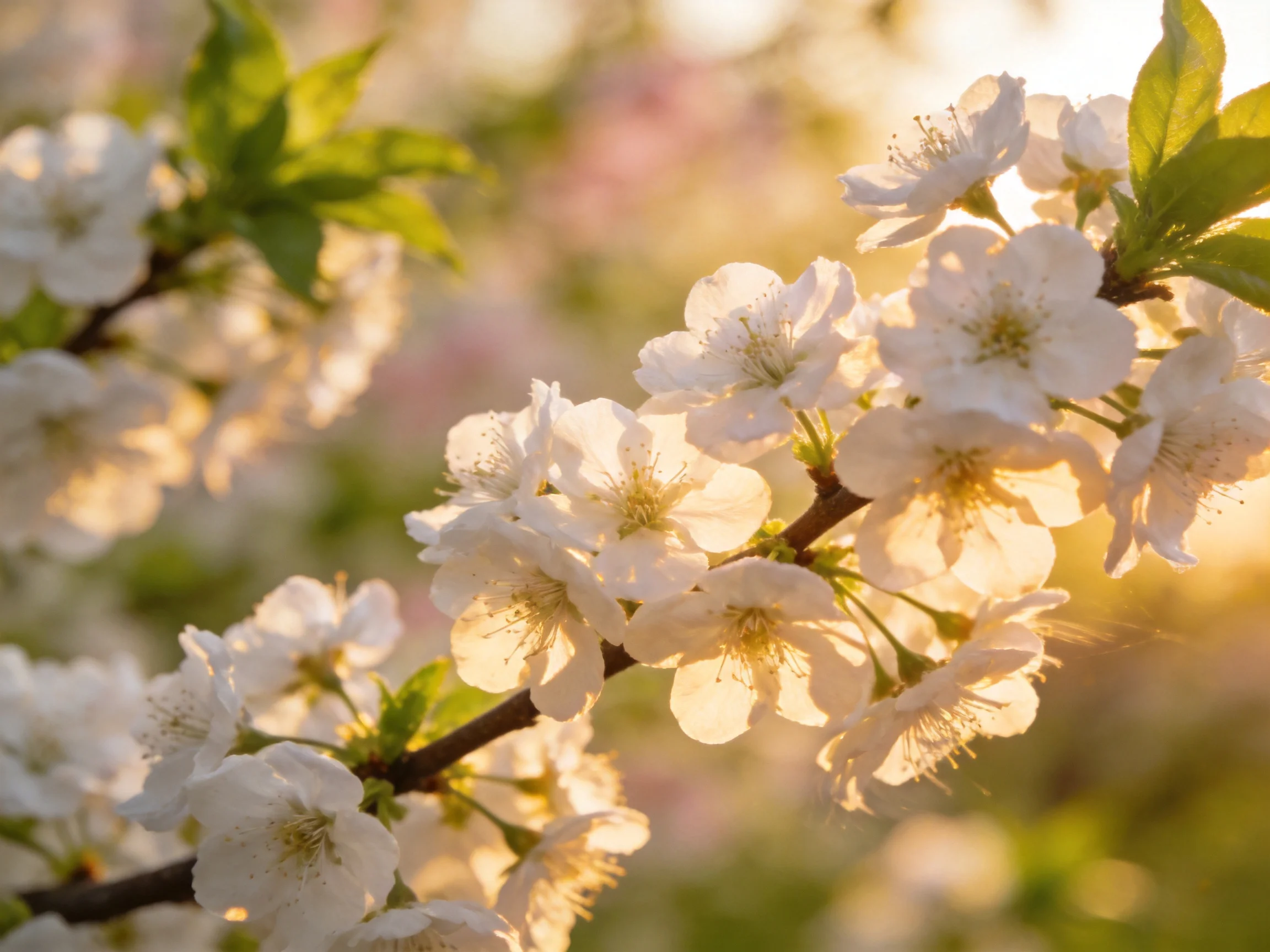 Delicate white cherry blossoms glow under golden sunlight
