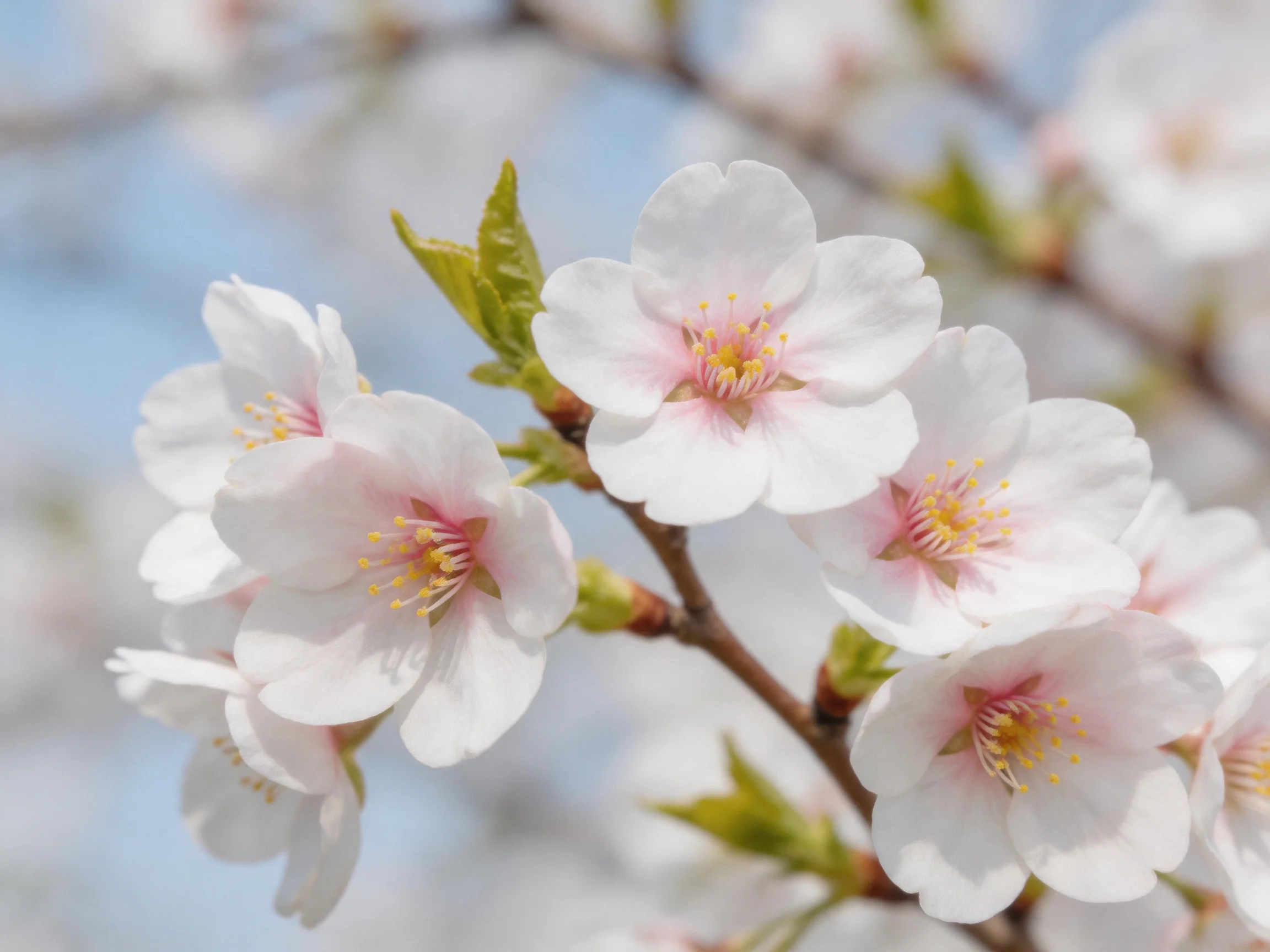 Delicate white cherry blossoms with pink centers and green buds