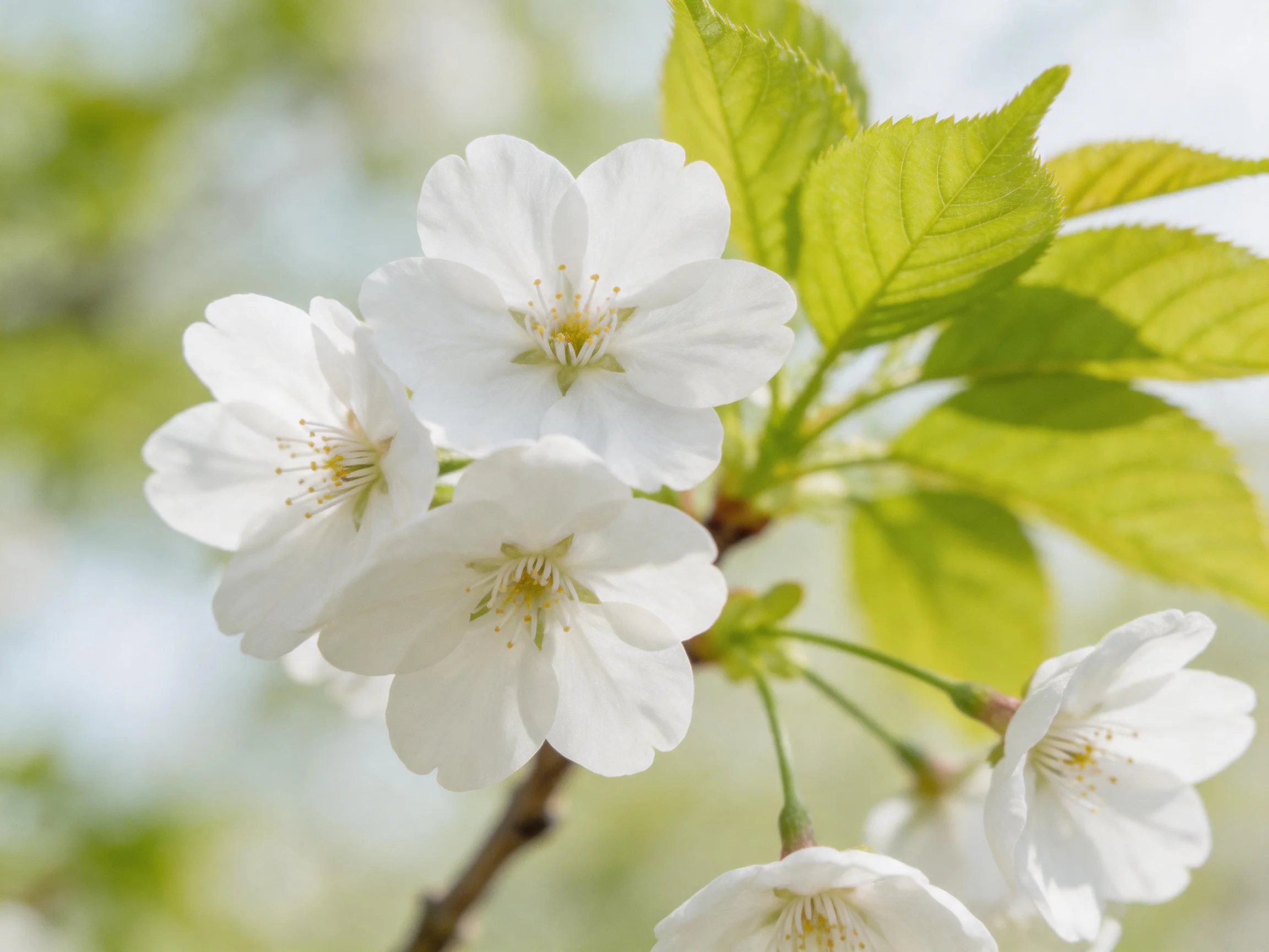 Delicate white cherry blossoms with vibrant green foliage