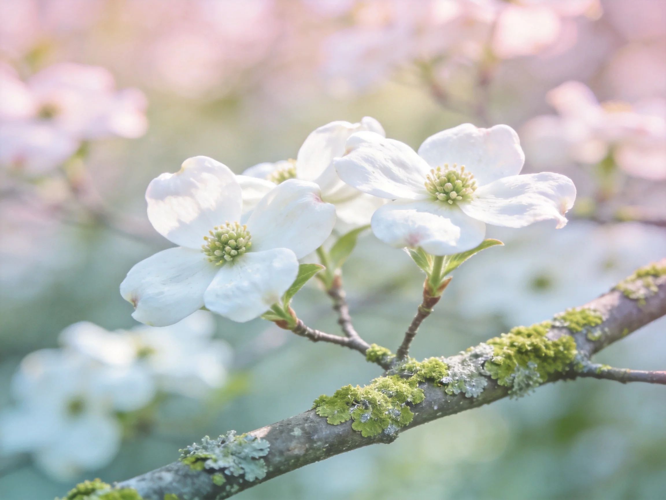 Delicate white dogwood blossoms with green centers grace a moss-covered branch in soft light